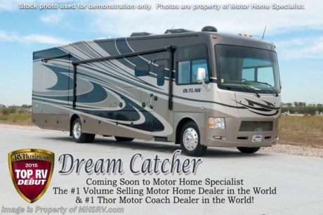 /SOLD 3/9/15 MSRP $187,508. The all new Bath &amp; 1/2 Outlaw 38RE Residence Edition is unlike any other class A motor home on the market today. From it&#39;s unmistakable vaulted living room and galley ceilings that provide an approximate 8&#39; shower height to the only 9&#39; Cathedral style bedroom ceiling w/drop down ceiling fan in the industry. The master bedroom is further highlighted by an elevated window with power shade at the foot of the king size bed creating the only &quot;Starlight&quot; window in the industry. The ceilings, however, are just a small part of what makes the Outlaw Residence Edition such an amazing motor home. You can walk through the master bedroom and rear half bath out onto the only above ground patio deck on a class A motor home floor plan available today. The patio is also head and shoulders above the norm featuring a massive 50&quot; LED TV, Bluetooth&#174; sound bar, sink, gas grill, exterior refrigerator, rear patio awning and even a set of rear steps for access to and from the patio without having to walk through the motor home! All of the exterior kitchen and entertainment amenities are easily secured by the 38RE&#39;s roll down metal storage door with lock. The 38RE also features an electric side patio awning and second exterior LED TV. But the unique and residential features don&#39;t stop there. You will also find perhaps the largest booth/sleeper in the industry with a 48&quot; x 84&quot; sleeping area, a hide-a-bed sofa with air mattress, a power drop-down cab-over bunk, a side-by-side residential refrigerator, a huge pantry, pre-plumbing for either a stack or combo washer/dryer and a large 40&quot; LED living room TV with easy viewing even when the slide-out rooms are in. The 38RE rides on the industry leading Ford 26,000lb chassis w/8,000lb. hitch, has beautiful high polished aluminum wheels, full body exterior paint and an unbelievable 158 cu. ft. of exterior storage and 150 gallons of fresh water tank capacity for extended tail-gating and dry-camping capabilities!  You will also find, not only, two roof A/C units, but a third wall mount A/C unit in bedroom, swivel front seats with extra table, frame-less windows,  3-camera monitoring system, LED ceiling lighting, solid surface kitchen counter &amp; table, Denver Mattress&#174;, LED TV in master bedroom, HDMI video distribution, power charging center, an 1800 watt inverter, Rapid Camp™ wireless coach control system and much more! It measures approximately 39 feet 11 inches in length w/3 slides-out rooms. For more details please visit Motor Home Specialist at MHSRV .com or call 800-335-6054. Family Owned &amp; Operated and the #1 Volume Selling Motor Home Dealer in the World as well as the #1 Thor Motor Coach Dealer in the World. At Motor Home Specialist we DO NOT charge any prep or orientation fees like you will find at other dealerships. All sale prices include a 200 point inspection, interior &amp; exterior wash &amp; detail of vehicle, a thorough coach orientation with an MHS technician, an RV Starter&#39;s kit, a nights stay in our delivery park featuring landscaped and covered pads with full hook-ups and much more. WHY PAY MORE?... WHY SETTLE FOR LESS?
 &lt;object width=&quot;400&quot; height=&quot;300&quot;&gt;&lt;param name=&quot;movie&quot; value=&quot;http://www.youtube.com/v/fBpsq4hH-Ws?version=3&amp;amp;hl=en_US&quot;&gt;&lt;/param&gt;&lt;param name=&quot;allowFullScreen&quot; value=&quot;true&quot;&gt;&lt;/param&gt;&lt;param name=&quot;allowscriptaccess&quot; value=&quot;always&quot;&gt;&lt;/param&gt;&lt;embed src=&quot;http://www.youtube.com/v/fBpsq4hH-Ws?version=3&amp;amp;hl=en_US&quot; type=&quot;application/x-shockwave-flash&quot; width=&quot;400&quot; height=&quot;300&quot; allowscriptaccess=&quot;always&quot; allowfullscreen=&quot;true&quot;&gt;&lt;/embed&gt;&lt;/object&gt;
