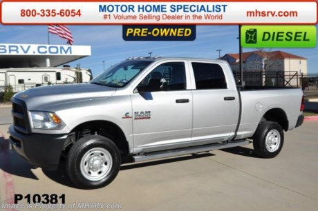 Pre-Owned 2014 Dodge Ram 2500 Tradesman Crew Cab 4x4 with 6.7L Cummins Turbo Diesel w/exhaust brake, 6 speed transmission, engine block heater, remote-keyless entry, electric shift-on-the-fly transfer case, anti-spin differential rear axle, 5 inch touch screen display, Bluetooth, rear park assist system, back-up camera, tire pressure monitoring, power locks and windows, A/C and much more. For additional information and photos please visit Motor Home Specialist at www.MHSRV .com or call 800-335-6054.