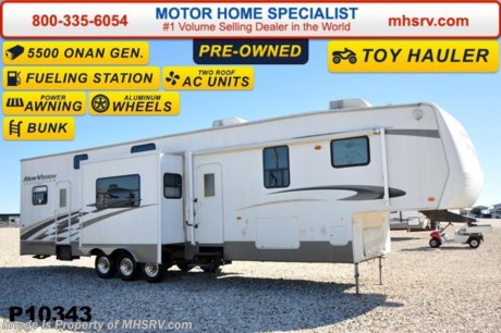 /SOLD 3/30/15 Used KZ RV for Sale- 2008 KZ New Vision 40P toy hauler with 3 slides, 5.5 KW Onan gas generator with 680 hours, patio awning, water heater, 50 amp service, pass-thru storage, aluminum wheels, black tank rinsing system, exterior shower, roof ladder, exterior speakers, sofa with sleeper, day/night shades, booth converts to sleeper, day/night shades, ceiling fan, microwave, 3 burner range with oven, central vacuum, sink covers, all in 1 bath, glass door shower, loft bed, bunk beds in toy area, fueling station, 2 ducted roof A/Cs and 2 LCD TVs.  For additional information and photos please visit Motor Home Specialist at www.MHSRV .com or call 800-335-6054.
