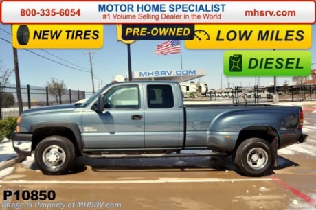 /SOLD 4/14/15
Pre-Owned 2006 Chevy 3500 dully two wheel drive, 6.6 litre duramax diesel, Allison automatic transmission, LOW MILES 58k, LT package, Brand new tires, power windows, locks, cruise, tilt, am/fm stereo CD player, tinted windows, super clean truck with no sign of previous paint work or damage. Truck is set up for hauling fifth wheel trailer.  For additional information and photos please visit Motor Home Specialist at www.MHSRV .com or call 800-335-6054.