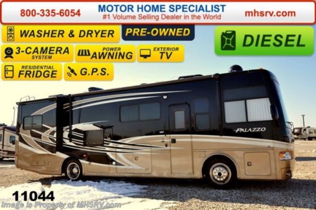 /SOLD 4/8/15 &lt;a href=&quot;http://www.mhsrv.com/thor-motor-coach/&quot;&gt;&lt;img src=&quot;http://www.mhsrv.com/images/sold-thor.jpg&quot; width=&quot;383&quot; height=&quot;141&quot; border=&quot;0&quot;/&gt;&lt;/a&gt; Used Thor Motor Coach RV for Sale- 2013 Thor Motor Coach Palazzo 33.2 with 2 slides and 15,884 miles. This RV is approximately 34 feet in length with a Cummins 300HP engine, Freightliner raised rail chassis, power mirrors with heat, GPS, 6KW Onan generator with AGS, power patio awning, slide-out room toppers, gas/electric water heater, pass-thru storage with side swing baggage doors, half length slide-out cargo tray, 10K lb. hitch, automatic leveling system, 3 camera monitoring system, Magnum inverter, dual pane windows, convection microwave, solid surface counters, all in 1 bath, residential refrigerator, washer/dryer stack, cab over bunk, 2 ducted roof A/Cs and 2 LED TVs. For additional information and photos please visit Motor Home Specialist at www.MHSRV .com or call 800-335-6054.