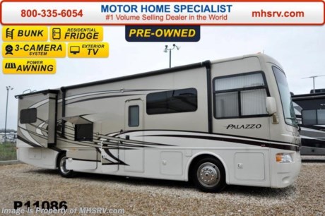 /AL 6/15/15 &lt;a href=&quot;http://www.mhsrv.com/thor-motor-coach/&quot;&gt;&lt;img src=&quot;http://www.mhsrv.com/images/sold-thor.jpg&quot; width=&quot;383&quot; height=&quot;141&quot; border=&quot;0&quot;/&gt;&lt;/a&gt;
Pre-owned 2014 Thor Palazzo with 2 slides and 16,492 miles. This RV is approximately 34 feet 5 inches in length with a Cummings 300hp engine, Allison auto 6 speed transmission, Freightliner raised rail chassis, exhaust brake, air brakes, cruise, power/privacy shade, curtains, cab fans, power mirrors with heat, dash CD player, 6kw Onan diesel generator with AGS, power patio awning, slide-out room toppers, electric &amp; gas water heater, 50 Amp service, power steps, side swing baggage doors, pass-thru storage, wheel simulators, 1-piece windshield, clear front paint mask, LED running lights, black water tank rinsing system, water filtration system, exterior shower, roof ladder, auto hydraulic leveling, 3 color cameras, Magnum inverter, 2 ducted roof AC’s, soft touch vinyl ceilings, living room LED TV, sofa with sleeper, dual pane windows, solar/black-out shades, convection microwave, 3 burner range, solid surface counter, sink covers, residential refrigerator, all in 1 bath, glass door shower, bedroom LED TV, bunk beds and much more. For additional information and photos please visit Motor Home Specialist at www.MHSRV .com or call 800-335-6054.