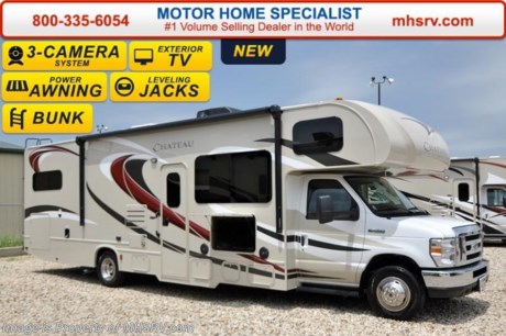 /TX 6-30-15 &lt;a href=&quot;http://www.mhsrv.com/thor-motor-coach/&quot;&gt;&lt;img src=&quot;http://www.mhsrv.com/images/sold-thor.jpg&quot; width=&quot;383&quot; height=&quot;141&quot; border=&quot;0&quot;/&gt;&lt;/a&gt;
#1 Volume Selling Motor Home Dealer &amp; Thor Motor Coach Dealer in the World. &lt;iframe width=&quot;400&quot; height=&quot;300&quot; src=&quot;https://www.youtube.com/embed/VZXdH99Xe00&quot; frameborder=&quot;0&quot; allowfullscreen&gt;&lt;/iframe&gt; MSRP $112,634. New 2016 Thor Motor Coach Chateau Class C RV Model 31E bunk model with Ford E-450 chassis, Ford Triton V-10 engine &amp; 8,000 lb. trailer hitch. This unit measures approximately 32 feet 7 inches in length with a full-wall slide-out room, (2) LCD TVs with DVD player combo in the bunk beds and fully automatic leveling jacks. Options include the Premier Package which features a solid surface kitchen counter-top, roller shades, electronics power charging station, kitchen water filter system, LED ceiling lights, black tank flush, 30&quot; OTR microwave and a coach radio system with exterior speakers. Additional options include the all new HD-Max exterior color, exterior TV, power drivers seat, leatherette sofa, dual child safety tethers, (2) attic fans, a 15.0 BTU A/C upgrade, second auxiliary battery, spare tire kit, heated remote exterior mirrors with side cameras, leatherette driver/passenger chairs, cockpit carpet mat and wood dash applique. The Chateau Class C RV has an incredible list of standard features for 2016 as well including heated tanks, power windows and locks, power patio awning with integrated LED lighting, roof ladder, in-dash media center w/DVD/CD/AM/FM &amp; Bluetooth, deluxe exterior mirrors, oven, microwave, power vent in bath, skylight above shower, 4,000 Onan generator, auto transfer switch, cab A/C, battery disconnect switch, auxiliary battery (2 aux. batteries on 31 W model), gas/electric water heater and the RAPID CAMP remote system. Rapid Camp allows you to operate your slide-out room, generator, leveling jacks when applicable, power awning, selective lighting and more all from a touchscreen remote control. For additional information, brochures, and videos please visit Motor Home Specialist at  MHSRV .com or Call 800-335-6054. At Motor Home Specialist we DO NOT charge any prep or orientation fees like you will find at other dealerships. All sale prices include a 200 point inspection, interior and exterior wash &amp; detail of vehicle, a thorough coach orientation with an MHS technician, an RV Starter&#39;s kit, a night stay in our delivery park featuring landscaped and covered pads with full hook-ups and much more. Free airport shuttle available with purchase for out-of-town buyers. Read From THOUSANDS of Testimonials at MHSRV .com and See What They Had to Say About Their Experience at Motor Home Specialist. WHY PAY MORE?...... WHY SETTLE FOR LESS? 