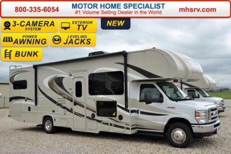 /TX 12/11/15 &lt;a href=&quot;http://www.mhsrv.com/thor-motor-coach/&quot;&gt;&lt;img src=&quot;http://www.mhsrv.com/images/sold-thor.jpg&quot; width=&quot;383&quot; height=&quot;141&quot; border=&quot;0&quot;/&gt;&lt;/a&gt;
Receive a $1,000 VISA Gift Card with purchase from Motor Home Specialist. Offer Ends Dec. 31st, 2015. (Must Take Delivery Before Dec 31st. Deadline.)  #1 Volume Selling Motor Home Dealer &amp; Thor Motor Coach Dealer in the World. &lt;iframe width=&quot;400&quot; height=&quot;300&quot; src=&quot;https://www.youtube.com/embed/VZXdH99Xe00&quot; frameborder=&quot;0&quot; allowfullscreen&gt;&lt;/iframe&gt; MSRP $111,329. New 2016 Thor Motor Coach Chateau Class C RV Model 31E bunk model with Ford E-450 chassis, Ford Triton V-10 engine &amp; 8,000 lb. trailer hitch. This unit measures approximately 32 feet 7 inches in length with a full-wall slide-out room, (2) LCD TVs with DVD player combo in the bunk beds and fully automatic leveling jacks. Options include the Premier Package which features a solid surface kitchen counter-top, roller shades, electronics power charging station, kitchen water filter system, LED ceiling lights, black tank flush, 30&quot; OTR microwave and a coach radio system with exterior speakers. Additional options include the all new HD-Max exterior color, cabover entertainment center with 39&quot; TV and sound bar, exterior TV, leatherette sofa, dual child safety tethers, (2) attic fans, a 15.0 BTU A/C upgrade, second auxiliary battery, spare tire kit, heated remote exterior mirrors with side cameras, leatherette driver/passenger chairs, cockpit carpet mat and wood dash applique. The Chateau Class C RV has an incredible list of standard features for 2016 as well including heated tanks, power windows and locks, power patio awning with integrated LED lighting, roof ladder, in-dash media center w/DVD/CD/AM/FM &amp; Bluetooth, deluxe exterior mirrors, oven, microwave, power vent in bath, skylight above shower, 4,000 Onan generator, auto transfer switch, cab A/C, battery disconnect switch, auxiliary battery (2 aux. batteries on 31 W model), gas/electric water heater and the RAPID CAMP remote system. Rapid Camp allows you to operate your slide-out room, generator, leveling jacks when applicable, power awning, selective lighting and more all from a touchscreen remote control. For additional information, brochures, and videos please visit Motor Home Specialist at  MHSRV .com or Call 800-335-6054. At Motor Home Specialist we DO NOT charge any prep or orientation fees like you will find at other dealerships. All sale prices include a 200 point inspection, interior and exterior wash &amp; detail of vehicle, a thorough coach orientation with an MHS technician, an RV Starter&#39;s kit, a night stay in our delivery park featuring landscaped and covered pads with full hook-ups and much more. Free airport shuttle available with purchase for out-of-town buyers. Read From THOUSANDS of Testimonials at MHSRV .com and See What They Had to Say About Their Experience at Motor Home Specialist. WHY PAY MORE?...... WHY SETTLE FOR LESS? 