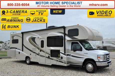 /SOLD TX 8/5/15
#1 Volume Selling Motor Home Dealer &amp; Thor Motor Coach Dealer in the World. &lt;iframe width=&quot;400&quot; height=&quot;300&quot; src=&quot;https://www.youtube.com/embed/VZXdH99Xe00&quot; frameborder=&quot;0&quot; allowfullscreen&gt;&lt;/iframe&gt; MSRP $112,514. New 2016 Thor Motor Coach Chateau Class C RV Model 31E bunk model with Ford E-450 chassis, Ford Triton V-10 engine &amp; 8,000 lb. trailer hitch. This unit measures approximately 32 feet 7 inches in length with a full-wall slide-out room, (2) LCD TVs with DVD player combo in the bunk beds and fully automatic leveling jacks. Options include the Premier Package which features a solid surface kitchen counter-top, roller shades, electronics power charging station, kitchen water filter system, LED ceiling lights, black tank flush, 30&quot; OTR microwave and a coach radio system with exterior speakers. Additional options include the all new HD-Max exterior color, exterior TV, power drivers seat, leatherette sofa, dual child safety tethers, (2) attic fans, a 15.0 BTU A/C upgrade, second auxiliary battery, spare tire kit, heated remote exterior mirrors with side cameras, leatherette driver/passenger chairs, cockpit carpet mat and wood dash applique. The Chateau Class C RV has an incredible list of standard features for 2016 as well including heated tanks, power windows and locks, power patio awning with integrated LED lighting, roof ladder, in-dash media center w/DVD/CD/AM/FM &amp; Bluetooth, deluxe exterior mirrors, oven, microwave, power vent in bath, skylight above shower, 4,000 Onan generator, auto transfer switch, cab A/C, battery disconnect switch, auxiliary battery (2 aux. batteries on 31 W model), gas/electric water heater and the RAPID CAMP remote system. Rapid Camp allows you to operate your slide-out room, generator, leveling jacks when applicable, power awning, selective lighting and more all from a touchscreen remote control. For additional information, brochures, and videos please visit Motor Home Specialist at  MHSRV .com or Call 800-335-6054. At Motor Home Specialist we DO NOT charge any prep or orientation fees like you will find at other dealerships. All sale prices include a 200 point inspection, interior and exterior wash &amp; detail of vehicle, a thorough coach orientation with an MHS technician, an RV Starter&#39;s kit, a night stay in our delivery park featuring landscaped and covered pads with full hook-ups and much more. Free airport shuttle available with purchase for out-of-town buyers. Read From THOUSANDS of Testimonials at MHSRV .com and See What They Had to Say About Their Experience at Motor Home Specialist. WHY PAY MORE?...... WHY SETTLE FOR LESS? 