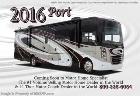 /TX 6/15/15 &lt;a href=&quot;http://www.mhsrv.com/thor-motor-coach/&quot;&gt;&lt;img src=&quot;http://www.mhsrv.com/images/sold-thor.jpg&quot; width=&quot;383&quot; height=&quot;141&quot; border=&quot;0&quot;/&gt;&lt;/a&gt;
#1 Volume Selling Motor Home Dealer &amp; Thor Motor Coach Dealer in the World.  &lt;object width=&quot;400&quot; height=&quot;300&quot;&gt;&lt;param name=&quot;movie&quot; value=&quot;//www.youtube.com/v/bN591K_alkM?hl=en_US&amp;amp;version=3&quot;&gt;&lt;/param&gt;&lt;param name=&quot;allowFullScreen&quot; value=&quot;true&quot;&gt;&lt;/param&gt;&lt;param name=&quot;allowscriptaccess&quot; value=&quot;always&quot;&gt;&lt;/param&gt;&lt;embed src=&quot;//www.youtube.com/v/bN591K_alkM?hl=en_US&amp;amp;version=3&quot; type=&quot;application/x-shockwave-flash&quot; width=&quot;400&quot; height=&quot;300&quot; allowscriptaccess=&quot;always&quot; allowfullscreen=&quot;true&quot;&gt;&lt;/embed&gt;&lt;/object&gt;  MSRP $181,306. This luxury bunk model RV measures approximately 38 feet 1 inch in length and features (3) slide-out rooms, Dream Dinette, sofa with air bed, fireplace, a 40&quot; LCD TV with sound bar, frameless windows, Flex-steel driver and passenger&#39;s chairs, detachable shore cord, 100 gallon fresh water tank, exterior speakers, LED lighting, beautiful decor, residential refrigerator, 1800 Watt inverter and bedroom TV. Optional equipment includes the beautiful full body paint exterior, frameless dual pane windows and a 3-burner range with oven. The all new 2016 Thor Motor Coach Challenger also features one of the most impressive lists of standard equipment in the RV industry including a Ford Triton V-10 engine, 5-speed automatic transmission, 22-Series ford chassis with aluminum wheels, fully automatic hydraulic leveling system, electric overhead Hide-Away Bunk, electric patio awning with LED lighting, side hinged baggage doors, exterior entertainment package, iPod docking station, DVD, LCD TVs, day/night shades, solid surface kitchen counter, dual roof A/C units, 5500 Onan generator, gas/electric water heater, heated and enclosed holding tanks and the RAPID CAMP remote system. Rapid Camp allows you to operate your slide-out room, generator, leveling jacks when applicable, power awning, selective lighting and more all from a touchscreen remote control. A few new features for 2016 include your choice of two beautiful high gloss glazed wood packages, 22 cf. residential refrigerator, roller shades in the cab area, 32 inch TVs in the bedroom, new solid surface kitchen counter and much more. For additional information, brochures, and videos please visit Motor Home Specialist at MHSRV .com or Call 800-335-6054. At Motor Home Specialist we DO NOT charge any prep or orientation fees like you will find at other dealerships. All sale prices include a 200 point inspection, interior and exterior wash &amp; detail of vehicle, a thorough coach orientation with an MHSRV technician, an RV Starter&#39;s kit, a night stay in our delivery park featuring landscaped and covered pads with full hook-ups and much more. Free airport shuttle available with purchase for out-of-town buyers. Read From THOUSANDS of Testimonials at MHSRV .com and See What They Had to Say About Their Experience at Motor Home Specialist. WHY PAY MORE?...... WHY SETTLE FOR LESS?  &lt;object width=&quot;400&quot; height=&quot;300&quot;&gt;&lt;param name=&quot;movie&quot; value=&quot;//www.youtube.com/v/VZXdH99Xe00?hl=en_US&amp;amp;version=3&quot;&gt;&lt;/param&gt;&lt;param name=&quot;allowFullScreen&quot; value=&quot;true&quot;&gt;&lt;/param&gt;&lt;param name=&quot;allowscriptaccess&quot; value=&quot;always&quot;&gt;&lt;/param&gt;&lt;embed src=&quot;//www.youtube.com/v/VZXdH99Xe00?hl=en_US&amp;amp;version=3&quot; type=&quot;application/x-shockwave-flash&quot; width=&quot;400&quot; height=&quot;300&quot; allowscriptaccess=&quot;always&quot; allowfullscreen=&quot;true&quot;&gt;&lt;/embed&gt;&lt;/object&gt;
