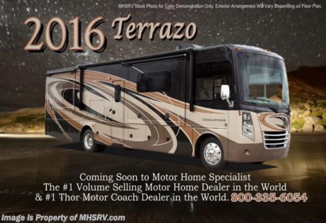 /SOLD - 7/16/15- TX
#1 Volume Selling Motor Home Dealer &amp; Thor Motor Coach Dealer in the World.  &lt;object width=&quot;400&quot; height=&quot;300&quot;&gt;&lt;param name=&quot;movie&quot; value=&quot;//www.youtube.com/v/bN591K_alkM?hl=en_US&amp;amp;version=3&quot;&gt;&lt;/param&gt;&lt;param name=&quot;allowFullScreen&quot; value=&quot;true&quot;&gt;&lt;/param&gt;&lt;param name=&quot;allowscriptaccess&quot; value=&quot;always&quot;&gt;&lt;/param&gt;&lt;embed src=&quot;//www.youtube.com/v/bN591K_alkM?hl=en_US&amp;amp;version=3&quot; type=&quot;application/x-shockwave-flash&quot; width=&quot;400&quot; height=&quot;300&quot; allowscriptaccess=&quot;always&quot; allowfullscreen=&quot;true&quot;&gt;&lt;/embed&gt;&lt;/object&gt;  MSRP $181,306. This luxury bunk model RV measures approximately 38 feet 1 inch in length and features (3) slide-out rooms, Dream Dinette, sofa with air bed, fireplace, a 40&quot; LCD TV with sound bar, frameless windows, Flex-steel driver and passenger&#39;s chairs, detachable shore cord, 100 gallon fresh water tank, exterior speakers, LED lighting, beautiful decor, residential refrigerator, 1800 Watt inverter and bedroom TV. Optional equipment includes the beautiful full body paint exterior, frameless dual pane windows and a 3-burner range with oven. The all new 2016 Thor Motor Coach Challenger also features one of the most impressive lists of standard equipment in the RV industry including a Ford Triton V-10 engine, 5-speed automatic transmission, 22-Series ford chassis with aluminum wheels, fully automatic hydraulic leveling system, electric overhead Hide-Away Bunk, electric patio awning with LED lighting, side hinged baggage doors, exterior entertainment package, iPod docking station, DVD, LCD TVs, day/night shades, solid surface kitchen counter, dual roof A/C units, 5500 Onan generator, gas/electric water heater, heated and enclosed holding tanks and the RAPID CAMP remote system. Rapid Camp allows you to operate your slide-out room, generator, leveling jacks when applicable, power awning, selective lighting and more all from a touchscreen remote control. A few new features for 2016 include your choice of two beautiful high gloss glazed wood packages, 22 cf. residential refrigerator, roller shades in the cab area, 32 inch TVs in the bedroom, new solid surface kitchen counter and much more. For additional information, brochures, and videos please visit Motor Home Specialist at MHSRV .com or Call 800-335-6054. At Motor Home Specialist we DO NOT charge any prep or orientation fees like you will find at other dealerships. All sale prices include a 200 point inspection, interior and exterior wash &amp; detail of vehicle, a thorough coach orientation with an MHSRV technician, an RV Starter&#39;s kit, a night stay in our delivery park featuring landscaped and covered pads with full hook-ups and much more. Free airport shuttle available with purchase for out-of-town buyers. Read From THOUSANDS of Testimonials at MHSRV .com and See What They Had to Say About Their Experience at Motor Home Specialist. WHY PAY MORE?...... WHY SETTLE FOR LESS?  &lt;object width=&quot;400&quot; height=&quot;300&quot;&gt;&lt;param name=&quot;movie&quot; value=&quot;//www.youtube.com/v/VZXdH99Xe00?hl=en_US&amp;amp;version=3&quot;&gt;&lt;/param&gt;&lt;param name=&quot;allowFullScreen&quot; value=&quot;true&quot;&gt;&lt;/param&gt;&lt;param name=&quot;allowscriptaccess&quot; value=&quot;always&quot;&gt;&lt;/param&gt;&lt;embed src=&quot;//www.youtube.com/v/VZXdH99Xe00?hl=en_US&amp;amp;version=3&quot; type=&quot;application/x-shockwave-flash&quot; width=&quot;400&quot; height=&quot;300&quot; allowscriptaccess=&quot;always&quot; allowfullscreen=&quot;true&quot;&gt;&lt;/embed&gt;&lt;/object&gt;