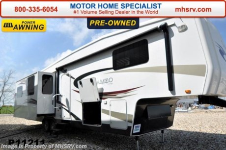 /SOLD 9/28/15 TX
Used Carriage RV for Sale- 2011 Carriage Cameo (37CKSLS) is approximately 37 feet in length with 3 slides, power patio awning, gas/electric water heater, 50 Amp service, side swing baggage doors, pass-thru storage, aluminum wheels, black tank rinsing system, exterior shower, roof ladder, automatic hydraulic leveling system, leather sofa, free standing table and chairs, surround sound system, 2 Lazy Boy style recliners, computer desk, day/night shades, ceiling fan, kitchen island, convection/microwave, 3 burner range, central vacuum, solid surface counters, sink covers, all in 1 bath, 4 door refrigerator, glass door shower with seat, 2 ducted roof A/Cs  and 2 LCD TVs. For additional information and photos please visit Motor Home Specialist at www.MHSRV .com or call 800-335-6054.