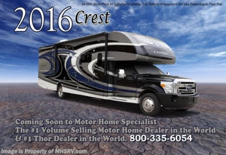 /TX 5/29/15 &lt;a href=&quot;http://www.mhsrv.com/thor-motor-coach/&quot;&gt;&lt;img src=&quot;http://www.mhsrv.com/images/sold-thor.jpg&quot; width=&quot;383&quot; height=&quot;141&quot; border=&quot;0&quot; /&gt;&lt;/a&gt;
Family Owned &amp; Operated and the #1 Volume Selling Motor Home Dealer in the World as well as the #1 Thor Motor Coach Dealer in the World. MSRP $171,535. New 2016 Thor Motor Coach 35SB Bunk Model Super C motor home with a full wall slide. This unit is approximately 35 feet 11 inches in length and is powered by a powerful 300 HP Powerstroke 6.7L diesel engine with 660 lb. ft. of torque. It rides on a Ford F-550 chassis with a 6-speed automatic transmission and boast a 10,000 lb. hitch, extreme duty 4 wheel ABS disc brakes and an electronic brake controller integrated into the dash. Options include the beautiful full body paint exterior, (2) power attic fans, dual child safety tethers and an upgraded 6.0 Onan diesel generator. The 2016 Chateau Super C also features an exterior entertainment center, dual roof air conditioners, power patio awning, one-touch automatic leveling system, residential refrigerator, 30 inch over-the-range microwave, solid surface counter-top, touch screen AM/FM/CD/MP3 player, back-up monitor with side view cameras, remote heated exterior mirrors, power windows and locks, leatherette driver &amp; passenger captain&#39;s chairs, fiberglass running boards, soft touch ceilings, heavy duty ball bearing drawer guides, bedroom LCD TV, large LCD TV in the living area, inverter and heated holding tanks. For additional coach information, brochures, window sticker, videos, photos, Chateau reviews, testimonials as well as additional information about Motor Home Specialist and our manufacturers&#39; please visit us at MHSRV .com or call 800-335-6054. At Motor Home Specialist we DO NOT charge any prep or orientation fees like you will find at other dealerships. All sale prices include a 200 point inspection, interior and exterior wash &amp; detail of vehicle, a thorough coach orientation with an MHS technician, an RV Starter&#39;s kit, a night stay in our delivery park featuring landscaped and covered pads with full hook-ups and much more. Free airport shuttle available with purchase for out-of-town buyers. WHY PAY MORE?... WHY SETTLE FOR LESS?  &lt;object width=&quot;400&quot; height=&quot;300&quot;&gt;&lt;param name=&quot;movie&quot; value=&quot;//www.youtube.com/v/VZXdH99Xe00?hl=en_US&amp;amp;version=3&quot;&gt;&lt;/param&gt;&lt;param name=&quot;allowFullScreen&quot; value=&quot;true&quot;&gt;&lt;/param&gt;&lt;param name=&quot;allowscriptaccess&quot; value=&quot;always&quot;&gt;&lt;/param&gt;&lt;embed src=&quot;//www.youtube.com/v/VZXdH99Xe00?hl=en_US&amp;amp;version=3&quot; type=&quot;application/x-shockwave-flash&quot; width=&quot;400&quot; height=&quot;300&quot; allowscriptaccess=&quot;always&quot; allowfullscreen=&quot;true&quot;&gt;&lt;/embed&gt;&lt;/object&gt; 