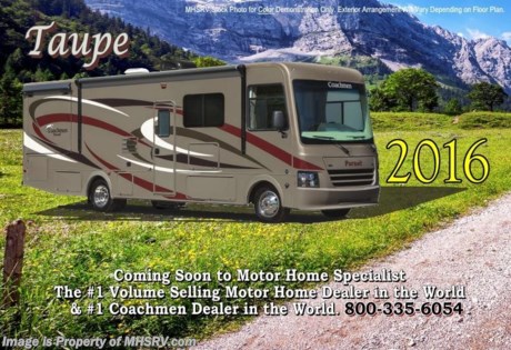 /sold 5/16/15
Family Owned &amp; Operated and the #1 Volume Selling Motor Home Dealer in the World as well as the #1 Coachmen Dealer in the World. MSRP $117,343. The All New 2016 Coachmen Pursuit 31BDP. This new Class A motor home is approximately 32 feet 6 inches in length with two slides, a Ford V-10 engine and Ford chassis. Options include the beautiful Honey Glazed Maple wood, bedroom TV, side cameras, frameless windows, power heated mirrors, valve stem extensions, pleated day/night shades, 5.5KW Onan generator, 50 amp power, 2nd A/C, automatic levelers, exterior entertainment center and the Travel Easy Roadside Assistance program. Each Pursuit comes standard with a power drop down overhead bunk, ball bearing drawer guides, hardwood cabinet doors, cockpit table, 32&quot; LCD TV with DVD player, mudroom, pantry, pull-out pantry with counter top, power bath vent, skylight, double coach battery, heated holding tank, cruise control, back up monitor, power entrance step, power patio awning, 5,000 lb. towing hitch with 7-way plug, roof ladder and much more.  For additional coach information, brochures, window sticker, videos, photos, Pursuit RV reviews, testimonials as well as additional information about Motor Home Specialist and our manufacturers&#39; please visit us at MHSRV .com or call 800-335-6054. At Motor Home Specialist we DO NOT charge any prep or orientation fees like you will find at other dealerships. All sale prices include a 200 point inspection, interior and exterior wash &amp; detail of vehicle, a thorough coach orientation with an MHSRV technician, an RV Starter&#39;s kit, a night stay in our delivery park featuring landscaped and covered pads with full hook-ups and much more. Free airport shuttle available with purchase for out-of-town buyers. WHY PAY MORE?... WHY SETTLE FOR LESS? 
