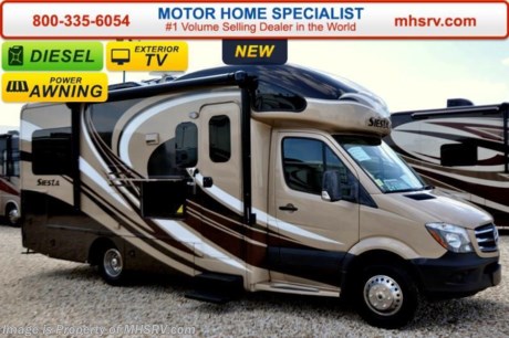 /TX 12/31/15 &lt;a href=&quot;http://www.mhsrv.com/thor-motor-coach/&quot;&gt;&lt;img src=&quot;http://www.mhsrv.com/images/sold-thor.jpg&quot; width=&quot;383&quot; height=&quot;141&quot; border=&quot;0&quot;/&gt;&lt;/a&gt;
Family Owned &amp; Operated and the #1 Volume Selling Motor Home Dealer in the World as well as the #1 Thor Motor Coach Dealer in the World. MSRP $128,440. New 2016 Thor Motor Coach Four Winds Siesta Sprinter Diesel. Model 24St. This RV measures approximately 25ft. 9in. in length &amp; features a slide-out room and 2 beds that can convert to a king size. Optional equipment includes the beautiful full body paint exterior, diesel generator, power vent, 13.5 low profile A/C with heat pump, exterior TV, bedroom TV, leatherette theater seats and second auxiliary battery. The all new 2016 Four Winds Siesta Sprinter also features a turbo diesel engine, AM/FM/CD, power windows &amp; locks, keyless entry, power vent, back up camera, solid surface kitchen counter, 3-point seatbelts, driver &amp; passenger airbags, heated remote side mirrors, fiberglass running boards, spare tire, hitch, back-up monitor, roof ladder, outside shower, slide-out awning, electric step &amp; much more. For additional coach information, brochures, window sticker, videos, photos, Siesta reviews, testimonials as well as additional information about Motor Home Specialist and our manufacturers&#39; please visit us at MHSRV .com or call 800-335-6054. At Motor Home Specialist we DO NOT charge any prep or orientation fees like you will find at other dealerships. All sale prices include a 200 point inspection, interior and exterior wash &amp; detail of vehicle, a thorough coach orientation with an MHS technician, an RV Starter&#39;s kit, a night stay in our delivery park featuring landscaped and covered pads with full hook-ups and much more. Free airport shuttle available with purchase for out-of-town buyers. WHY PAY MORE?... WHY SETTLE FOR LESS? &lt;object width=&quot;400&quot; height=&quot;300&quot;&gt;&lt;param name=&quot;movie&quot; value=&quot;http://www.youtube.com/v/fBpsq4hH-Ws?version=3&amp;amp;hl=en_US&quot;&gt;&lt;/param&gt;&lt;param name=&quot;allowFullScreen&quot; value=&quot;true&quot;&gt;&lt;/param&gt;&lt;param name=&quot;allowscriptaccess&quot; value=&quot;always&quot;&gt;&lt;/param&gt;&lt;embed src=&quot;http://www.youtube.com/v/fBpsq4hH-Ws?version=3&amp;amp;hl=en_US&quot; type=&quot;application/x-shockwave-flash&quot; width=&quot;400&quot; height=&quot;300&quot; allowscriptaccess=&quot;always&quot; allowfullscreen=&quot;true&quot;&gt;&lt;/embed&gt;&lt;/object&gt;