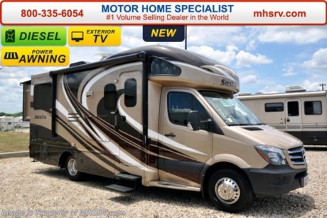 /TX 11-5-15 &lt;a href=&quot;http://www.mhsrv.com/thor-motor-coach/&quot;&gt;&lt;img src=&quot;http://www.mhsrv.com/images/sold-thor.jpg&quot; width=&quot;383&quot; height=&quot;141&quot; border=&quot;0&quot;/&gt;&lt;/a&gt;
Family Owned &amp; Operated and the #1 Volume Selling Motor Home Dealer in the World as well as the #1 Thor Motor Coach Dealer in the World. MSRP $128,440. New 2016 Thor Motor Coach Four Winds Siesta Sprinter Diesel. Model 24SR. This RV measures approximately 24ft. 10in. in length &amp; features 2 slide-out rooms and LED TV on a slide. Optional equipment includes the beautiful full body paint exterior, diesel generator, power vent, 13.5 low profile A/C with heat pump, exterior TV, bedroom TV, holding tanks with heat pads and second auxiliary battery. The all new 2016 Four Winds Siesta Sprinter also features a turbo diesel engine, AM/FM/CD, power windows &amp; locks, keyless entry, power vent, back up camera, solid surface kitchen counter, 3-point seatbelts, driver &amp; passenger airbags, heated remote side mirrors, fiberglass running boards, spare tire, hitch, back-up monitor, roof ladder, outside shower, slide-out awning, electric step &amp; much more. For additional coach information, brochures, window sticker, videos, photos, Siesta reviews, testimonials as well as additional information about Motor Home Specialist and our manufacturers&#39; please visit us at MHSRV .com or call 800-335-6054. At Motor Home Specialist we DO NOT charge any prep or orientation fees like you will find at other dealerships. All sale prices include a 200 point inspection, interior and exterior wash &amp; detail of vehicle, a thorough coach orientation with an MHS technician, an RV Starter&#39;s kit, a night stay in our delivery park featuring landscaped and covered pads with full hook-ups and much more. Free airport shuttle available with purchase for out-of-town buyers. WHY PAY MORE?... WHY SETTLE FOR LESS? 