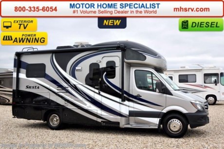 /SOLD - 7/16/15- TX
Family Owned &amp; Operated and the #1 Volume Selling Motor Home Dealer in the World as well as the #1 Thor Motor Coach Dealer in the World. MSRP $128,440. New 2016 Thor Motor Coach Four Winds Siesta Sprinter Diesel. Model 24SA. This RV measures approximately 24ft. 6in. in length &amp; features a slide-out room and U-shaped dinette. Optional equipment includes the beautiful full body paint exterior, diesel generator, child safety tether, 13.5 low profile A/C with heat pump, exterior TV, bedroom TV, holding tanks with heat pads and second auxiliary battery. The all new 2016 Four Winds Siesta Sprinter also features a turbo diesel engine, AM/FM/CD, power windows &amp; locks, keyless entry, power vent, back up camera, solid surface kitchen counter, 3-point seatbelts, driver &amp; passenger airbags, heated remote side mirrors, fiberglass running boards, spare tire, hitch, back-up monitor, roof ladder, outside shower, slide-out awning, electric step &amp; much more. For additional coach information, brochures, window sticker, videos, photos, Siesta reviews, testimonials as well as additional information about Motor Home Specialist and our manufacturers&#39; please visit us at MHSRV .com or call 800-335-6054. At Motor Home Specialist we DO NOT charge any prep or orientation fees like you will find at other dealerships. All sale prices include a 200 point inspection, interior and exterior wash &amp; detail of vehicle, a thorough coach orientation with an MHS technician, an RV Starter&#39;s kit, a night stay in our delivery park featuring landscaped and covered pads with full hook-ups and much more. Free airport shuttle available with purchase for out-of-town buyers. WHY PAY MORE?... WHY SETTLE FOR LESS? 