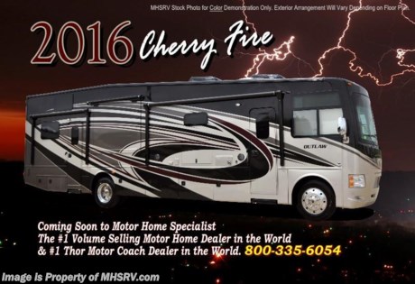 /PA 6-30-15 &lt;a href=&quot;http://www.mhsrv.com/thor-motor-coach/&quot;&gt;&lt;img src=&quot;http://www.mhsrv.com/images/sold-thor.jpg&quot; width=&quot;383&quot; height=&quot;141&quot; border=&quot;0&quot;/&gt;&lt;/a&gt;
Family Owned &amp; Operated and the #1 Volume Selling Motor Home Dealer in the World as well as the #1 Thor Motor Coach Dealer in the World. &lt;object width=&quot;400&quot; height=&quot;300&quot;&gt;&lt;param name=&quot;movie&quot; value=&quot;http://www.youtube.com/v/fBpsq4hH-Ws?version=3&amp;amp;hl=en_US&quot;&gt;&lt;/param&gt;&lt;param name=&quot;allowFullScreen&quot; value=&quot;true&quot;&gt;&lt;/param&gt;&lt;param name=&quot;allowscriptaccess&quot; value=&quot;always&quot;&gt;&lt;/param&gt;&lt;embed src=&quot;http://www.youtube.com/v/fBpsq4hH-Ws?version=3&amp;amp;hl=en_US&quot; type=&quot;application/x-shockwave-flash&quot; width=&quot;400&quot; height=&quot;300&quot; allowscriptaccess=&quot;always&quot; allowfullscreen=&quot;true&quot;&gt;&lt;/embed&gt;&lt;/object&gt;
MSRP $184,186. New 2016 Thor Motor Coach Outlaw Toy Hauler. Model 37RB with 2 slide-out rooms, Ford 26-Series chassis with Triton V-10 engine, frameless windows, high polished aluminum wheels, residential refrigerator, electric rear patio awning, roller shades on the driver &amp; passenger windows, as well as drop down ramp door with spring assist &amp; railing for patio use. This unit measures approximately 38 feet 6 inches in length. Options include the beautiful full body exterior, 2 opposing leatherette sofas in the garage and frameless dual pane windows. The Outlaw toy hauler RV has an incredible list of standard features for 2016 including beautiful wood &amp; interior decor packages, LCD TVs including an exterior entertainment center, large living room LCD TV and LCD TV in the lower bedroom. You will also find (3) A/C units, Bluetooth enable coach radio system with exterior speakers, power patio awing with integrated LED lighting, dual side entrance doors, fueling station, 1-piece windshield, a 5500 Onan generator, 3 camera monitoring system, automatic leveling system, Soft Touch leather furniture, leatherette booth day/night shades and much more. For additional coach information, brochures, window sticker, videos, photos, Outlaw reviews, testimonials as well as additional information about Motor Home Specialist and our manufacturers&#39; please visit us at MHSRV .com or call 800-335-6054. At Motor Home Specialist we DO NOT charge any prep or orientation fees like you will find at other dealerships. All sale prices include a 200 point inspection, interior and exterior wash &amp; detail of vehicle, a thorough coach orientation with an MHS technician, an RV Starter&#39;s kit, a night stay in our delivery park featuring landscaped and covered pads with full hookups and much more. Free airport shuttle available with purchase for out-of-town buyers. WHY PAY MORE?... WHY SETTLE FOR LESS?  