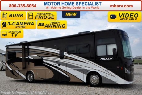 /TX 6-28-16 &lt;a href=&quot;http://www.mhsrv.com/thor-motor-coach/&quot;&gt;&lt;img src=&quot;http://www.mhsrv.com/images/sold-thor.jpg&quot; width=&quot;383&quot; height=&quot;141&quot; border=&quot;0&quot; /&gt;&lt;/a&gt;       Family Owned &amp; Operated and the #1 Volume Selling Motor Home Dealer in the World as well as the #1 Thor Motor Coach Dealer in the World.  &lt;object width=&quot;400&quot; height=&quot;300&quot;&gt;&lt;param name=&quot;movie&quot; value=&quot;http://www.youtube.com/v/fBpsq4hH-Ws?version=3&amp;amp;hl=en_US&quot;&gt;&lt;/param&gt;&lt;param name=&quot;allowFullScreen&quot; value=&quot;true&quot;&gt;&lt;/param&gt;&lt;param name=&quot;allowscriptaccess&quot; value=&quot;always&quot;&gt;&lt;/param&gt;&lt;embed src=&quot;http://www.youtube.com/v/fBpsq4hH-Ws?version=3&amp;amp;hl=en_US&quot; type=&quot;application/x-shockwave-flash&quot; width=&quot;400&quot; height=&quot;300&quot; allowscriptaccess=&quot;always&quot; allowfullscreen=&quot;true&quot;&gt;&lt;/embed&gt;&lt;/object&gt;   MSRP $213,750. The New 2016 Thor Motor Coach Palazzo Diesel Pusher. Model 33.3 Bunk House. This Diesel Pusher RV features (2) slide-out rooms including a driver&#39;s side full wall slide, bunk beds that can convert to a sofa, booth dinette with LED TV, exterior LED TV, invisible front paint protection &amp; front electric drop-down overhead bunk. The 2016 Palazzo also features a 300 HP Cummins diesel engine with 660 lbs. of torque, Freightliner XC chassis, 6000 Onan diesel generator with AGS, solid surface counters, power driver&#39;s seat, inverter, LCD TV/DVD, residential refrigerator, solid surface countertops, (2) ducted roof A/C units, 3-camera monitoring system, one piece windshield, fiberglass storage compartments, fully automatic hydraulic leveling system, automatic entry step, electric patio awning with integrated LED lighting and much more.  For additional coach information, brochures, window sticker, videos, photos, Palazzo reviews, testimonials as well as additional information about Motor Home Specialist and our manufacturers&#39; please visit us at MHSRV .com or call 800-335-6054. At Motor Home Specialist we DO NOT charge any prep or orientation fees like you will find at other dealerships. All sale prices include a 200 point inspection, interior and exterior wash &amp; detail of vehicle, a thorough coach orientation with an MHS technician, an RV Starter&#39;s kit, a night stay in our delivery park featuring landscaped and covered pads with full hook-ups and much more. Free airport shuttle available with purchase for out-of-town buyers. WHY PAY MORE?... WHY SETTLE FOR LESS?  