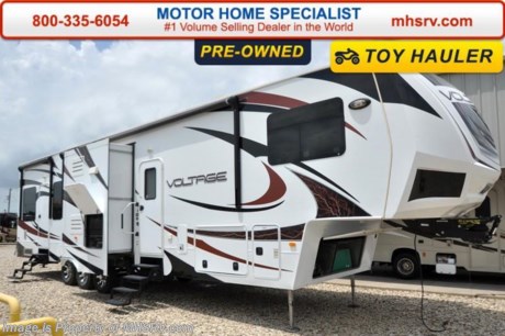 /SOLD - 7/16/15- TX
Used Dutchmen Fifth Wheel RV for Sale- 2013 Dutchmen Voltage 3950 is approximately 43 feet in length with a bath &amp; 1/2, toy hauler, 3 slides, 5.5KW Onan generator, 2 power patio awnings, gas/electric water heater, 50 amp service, pass-thru storage, aluminum wheels, keyless entry, black tank rinsing system, exterior shower, roof ladder, automatic leveling system, exterior entertainment center, sofa, day/night shades, Fantastic Vent, kitchen island, convection microwave, central vacuum, 3 burner range with oven, solid surface counter, sink covers, glass door shower, loft bed, 2 ducted A/Cs, 2 LCD TVs and much more. For additional information and photos please visit Motor Home Specialist at www.MHSRV .com or call 800-335-6054.
