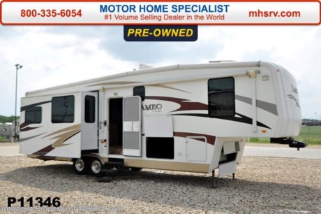 /SOLD 7/20/15 - TX
Used Carriage Fifth Wheel RV for Sale- 2008 Carriage Cameo F35FD3 is approximately 36 feet in length with 3 slides, 5.5KW Onan generator with 1040 hours, power patio awning, water heater, 50 amp service, pass-thru storage, aluminum wheels, black tank rinsing system, exterior shower, roof ladder, living room LCD TV with surround sound, leather sofa with sleeper, 2 Lazy Boy style recliners, day/night shades, Fantastic Vent, ceiling fan, kitchen island, microwave, central vacuum, 3 burner range with oven, sink covers, solid surface counters, refrigerator, glass door shower with seat, 2 ducted roof A/Cs and much more. For additional information and photos please visit Motor Home Specialist at www.MHSRV .com or call 800-335-6054.