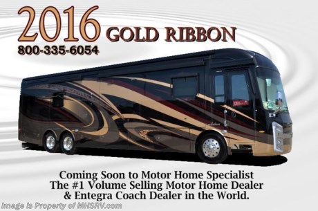 /SOLD 9/28/15 TX
Motor Home Specialist is Family Owned &amp; Operated and the #1 Volume Selling Motor Home Dealer as well as the #1 Entegra Coach Dealer in the World. MSRP $481,064. All New 2016 Entegra Anthem Model 44B W/4 Slides. This luxury bath &amp; 1/2 diesel motor coach measures approximately 44 feet 11 inches in length and is backed by Entegra Coach&#39;s superior 2-Year/24K Mile Limited Coach &amp; 5-Year Limited Structural Warranties. Options include new exterior paint &amp; graphics package, new interior decor package, dual 100-Watt solar panels, exterior freezer with slide-out tray and iPad Control Center.
New  features for 2016 include an all new exterior design, powered MCD American Duo shades throughout, a driver&#39;s side pilot chair footrest, an industry first Tempur-Pedic mattress, LED accent lighted solid surface countertops throughout, glass tile backsplashes, new wall and accent decorative paneling, enhanced decorative ceiling treatment, newly designed headboard, wardrobe doors are designer matched with the theme of the coach, New Bose Cinemate 130 home theater system with ADAPTiQ audio  calibration, a Bose Solo 15 sound system in the master bedroom, a JBL sound system in the cab custom tuned for Entegra with premium speakers, amplifier and subwoofer, Morning Star Sun-Saver Duo solar panel with remote meter, new lighted step well with EC logo, additional USB/110 outlets, Moen teak flip down shower seat, Ramco InVue exterior mirrors with integrated side view cameras, LED marker lights and turn signals, enhanced exterior entertainment center with JBL multimedia receiver Bluetooth audio streaming and USB input, redesigned wet bay with LED rope lighting, fireplace with LED technology, raised panel doors in kitchen, Thetford Sani-Con Turbo macerator, power rear engine door with push button control, Girard Vision &quot;dual pitched&quot; awning with Ultra slide-out awnings and covers as well as waterproof encased LED lights incorporated into the lead awning rail, improved and user friendly entrance door screen, increased window sizes throughout entire coach, an incredible Samsung 4K UHD Smart TV with Smart Apps; 4 HDMI; 3 USB and built in Wi-Fi. 
The Anthem rides on a raised rail Spartan Mountain Master chassis with independent front suspension, Air Disc Brakes, 55 degree wheel cut and Entegra’s exclusive X-Bridge framing. It is powered by a 450 HP Cummins diesel engine and Allison 3000 series 6-speed automatic transmission with dual overdrives and push button shift pad. The Entegra Coach Anthem also features perhaps the most impressive list of standard equipment ever offered on a luxury motor coach. For additional coach information, brochures, window sticker, videos, photos, Anthem reviews &amp; testimonials as well as additional information about Motor Home Specialist and our manufacturers&#39; please visit us at MHSRV .com or call 800-335-6054. At Motor Home Specialist we DO NOT charge any prep or orientation fees like you will find at other dealerships. All sale prices include a 200 point inspection, interior and exterior wash &amp; detail of vehicle, a thorough coach orientation with an MHS technician, an RV Starter&#39;s kit, a night stay in our delivery park featuring landscaped and covered pads with full hook-ups and much more. Free airport shuttle available with purchase for out-of-town buyers. WHY PAY MORE?... WHY SETTLE FOR LESS?  
