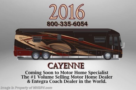 /SOLD 9/28/15 TX
Motor Home Specialist is Family Owned &amp; Operated and the #1 Volume Selling Motor Home Dealer as well as the #1 Entegra Coach Dealer in the World. MSRP $634,085. All New 2016 Entegra Cornerstone Model 45B W/4 Slides. This luxury bath &amp; 1/2 diesel motor coach measures approximately 44 feet 11 inches in length and is backed by Entegra Coach&#39;s superior 2-Year/24K Mile Limited Coach &amp; 5-Year Limited Structural Warranties. Options include new exterior paint &amp; graphics package, new interior decor package,  the iPad coach control system, dual 100 watt solar panels, exterior freezer with slide-out tray.
New  features available for 2016 include powered MCD American Duo shades throughout, an industry first Tempur-Pedic mattress, LED accent lighted Quartz countertops throughout, new wall and accent decorative paneling, enhanced decorative ceiling design, custom wood grill covers for ceiling vents, deeper lavatory sink bowl, New Bose Cinemate 130 home theater system with ADAPTiQ audio  calibration, a Bose Solo 15 sound system in the master bedroom, a JBL sound system in the cab custom tuned for Entegra with premium speakers, amplifier and subwoofer, Morning Star Sun-Saver Duo solar panel with remote meter (optional), new lighted step well with brazen LED backlit stainless steel nameplate, additional USB/110 outlets, Ramco InVue exterior mirrors with integrated side view cameras, LED marker lights and turn signals, enhanced exterior entertainment center with JBL multimedia receiver Bluetooth audio streaming and USB input, redesigned wet bay with LED rope lighting, fireplace with LED technology, raised panel doors in kitchen, Thetford Sani-Con Turbo macerator, power rear engine door with push button control, Girard Vision &quot;dual pitched&quot; awning with Ultra slide-out awnings and covers as well as waterproof encased LED lights incorporated into the lead awning rail, improved and user friendly entrance door screen, increased window sizes throughout entire coach, an incredible Samsung 4K UHD Smart TV with Smart Apps; 4 HDMI; 3 USB and built in Wi-Fi. 
The Cornerstone rides on a raised rail Spartan K3 chassis with Entegra’s exclusive X-Bridge framing. It is powered by a 600 HP Cummins diesel engine and Allison 4000 series transmission. The Entegra Coach Cornerstone also features perhaps the most impressive list of standard equipment ever offered on a luxury motor coach. For additional coach information, brochures, window sticker, videos, photos, Cornerstone reviews &amp; testimonials as well as additional information about Motor Home Specialist and our manufacturers&#39; please visit us at MHSRV .com or call 800-335-6054. At Motor Home Specialist we DO NOT charge any prep or orientation fees like you will find at other dealerships. All sale prices include a 200 point inspection, interior and exterior wash &amp; detail of vehicle, a thorough coach orientation with an MHS technician, an RV Starter&#39;s kit, a night stay in our delivery park featuring landscaped and covered pads with full hook-ups and much more. Free airport shuttle available with purchase for out-of-town buyers. WHY PAY MORE?... WHY SETTLE FOR LESS?  