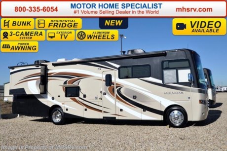 /CA 7/11/16 &lt;a href=&quot;http://www.mhsrv.com/thor-motor-coach/&quot;&gt;&lt;img src=&quot;http://www.mhsrv.com/images/sold-thor.jpg&quot; width=&quot;383&quot; height=&quot;141&quot; border=&quot;0&quot; /&gt;&lt;/a&gt;  *Family Owned &amp; Operated and the #1 Volume Selling Motor Home Dealer in the World as well as the #1 Thor Motor Coach Dealer in the World.  
&lt;object width=&quot;400&quot; height=&quot;300&quot;&gt;&lt;param name=&quot;movie&quot; value=&quot;http://www.youtube.com/v/fBpsq4hH-Ws?version=3&amp;amp;hl=en_US&quot;&gt;&lt;/param&gt;&lt;param name=&quot;allowFullScreen&quot; value=&quot;true&quot;&gt;&lt;/param&gt;&lt;param name=&quot;allowscriptaccess&quot; value=&quot;always&quot;&gt;&lt;/param&gt;&lt;embed src=&quot;http://www.youtube.com/v/fBpsq4hH-Ws?version=3&amp;amp;hl=en_US&quot; type=&quot;application/x-shockwave-flash&quot; width=&quot;400&quot; height=&quot;300&quot; allowscriptaccess=&quot;always&quot; allowfullscreen=&quot;true&quot;&gt;&lt;/embed&gt;&lt;/object&gt; 
MSRP $155,813. The New 2016 Thor Motor Coach Miramar 34.3 Model. This luxury Bunk Model class A gas motor home measures approximately 35 feet 10 inches in length and features 2 slides, bunk beds and a king size bed. Options include HD-Max exterior and leatherette theater seats. The 2016 Thor Motor Coach Miramar also features one of the most impressive lists of standard equipment in the RV industry including a Ford Triton V-10 engine, 5-speed automatic transmission, Ford 22 Series chassis with 22.5 Michelin tires and high polished aluminum wheels, automatic leveling system with touch pad controls, power patio awning with LED lights, frameless windows, slide-out room awning toppers, heated/remote exterior mirrors with integrated side view cameras, side hinged baggage doors, halogen headlamps with LED accent lights, heated and enclosed holding tanks, residential refrigerator, LCD TVs, DVD, 5500 Onan generator, gas/electric water heater and the RAPID CAMP remote system. Rapid Camp allows you to operate your slide-out room, generator, leveling jacks when applicable, power awning, selective lighting and more all from a touchscreen remote control. For additional coach information, brochures, window sticker, videos, photos, Miramar reviews, testimonials as well as additional information about Motor Home Specialist and our manufacturers&#39; please visit us at MHSRV .com or call 800-335-6054. At Motor Home Specialist we DO NOT charge any prep or orientation fees like you will find at other dealerships. All sale prices include a 200 point inspection, interior and exterior wash &amp; detail of vehicle, a thorough coach orientation with an MHS technician, an RV Starter&#39;s kit, a night stay in our delivery park featuring landscaped and covered pads with full hook-ups and much more. Free airport shuttle available with purchase for out-of-town buyers. WHY PAY MORE?... WHY SETTLE FOR LESS? 
&lt;object width=&quot;400&quot; height=&quot;300&quot;&gt;&lt;param name=&quot;movie&quot; value=&quot;//www.youtube.com/v/wsGkgVdi1T8?version=3&amp;amp;hl=en_US&quot;&gt;&lt;/param&gt;&lt;param name=&quot;allowFullScreen&quot; value=&quot;true&quot;&gt;&lt;/param&gt;&lt;param name=&quot;allowscriptaccess&quot; value=&quot;always&quot;&gt;&lt;/param&gt;&lt;embed src=&quot;//www.youtube.com/v/wsGkgVdi1T8?version=3&amp;amp;hl=en_US&quot; type=&quot;application/x-shockwave-flash&quot; width=&quot;400&quot; height=&quot;300&quot; allowscriptaccess=&quot;always&quot; allowfullscreen=&quot;true&quot;&gt;&lt;/embed&gt;&lt;/object&gt;