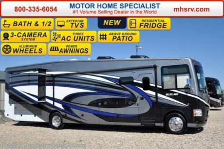 /TX 12/31/15 &lt;a href=&quot;http://www.mhsrv.com/thor-motor-coach/&quot;&gt;&lt;img src=&quot;http://www.mhsrv.com/images/sold-thor.jpg&quot; width=&quot;383&quot; height=&quot;141&quot; border=&quot;0&quot;/&gt;&lt;/a&gt;
&lt;object width=&quot;400&quot; height=&quot;300&quot;&gt;&lt;param name=&quot;movie&quot; value=&quot;http://www.youtube.com/v/fBpsq4hH-Ws?version=3&amp;amp;hl=en_US&quot;&gt;&lt;/param&gt;&lt;param name=&quot;allowFullScreen&quot; value=&quot;true&quot;&gt;&lt;/param&gt;&lt;param name=&quot;allowscriptaccess&quot; value=&quot;always&quot;&gt;&lt;/param&gt;&lt;embed src=&quot;http://www.youtube.com/v/fBpsq4hH-Ws?version=3&amp;amp;hl=en_US&quot; type=&quot;application/x-shockwave-flash&quot; width=&quot;400&quot; height=&quot;300&quot; allowscriptaccess=&quot;always&quot; allowfullscreen=&quot;true&quot;&gt;&lt;/embed&gt;&lt;/object&gt; MSRP $191,506. The all new 2016 Bath &amp; 1/2 Outlaw 38RE Residence Edition is unlike any other class A motor home on the market today. From it&#39;s unmistakable vaulted living room and galley ceilings that provide an approximate 8&#39; shower height to it&#39;s almost 9&#39; Cathedral style bedroom ceiling with drop down ceiling fan! The master bedroom is further highlighted by an elevated window with power shade at the foot of the king size bed creating the only &quot;Starlight&quot; window in the industry. The ceilings, however, are just a small part of what makes the Outlaw Residence Edition such an amazing motor home. You can walk through the master bedroom and rear half bath out onto the only above ground patio deck on a class A motor home floor plan available today. The patio is also head and shoulders above the norm featuring a massive 50&quot; LED TV, Bluetooth&#174; sound bar, sink, gas grill, exterior refrigerator, rear patio awning and even a set of rear steps for access to and from the patio without having to walk through the motor home! All of the exterior kitchen and entertainment amenities are easily secured by the 38RE&#39;s roll down metal storage door with lock. Options include the beautiful full body paint, dual pane windows and an electric fireplace with remote control. The 38RE also features an electric side &amp; rear patio awnings and second exterior LED TV. But the unique and residential features don&#39;t stop there. You will also find perhaps the largest booth/sleeper in the industry with a 48&quot; x 84&quot; sleeping area, a hide-a-bed sofa with sleeper, a power drop-down cabover bunk, a side-by-side residential refrigerator, a huge pantry, pre-plumbing for either a stack or combo washer/dryer and a large 40&quot; LED living room TV with easy viewing even when the slide-out rooms are in. The 38RE rides on the industry leading Ford 26,000lb chassis w/8,000lb. hitch, has beautiful high polished aluminum wheels, full body exterior paint and an unbelievable 158 cu. ft. of exterior storage and 150 gallons of fresh water tank capacity for extended tail-gating and dry-camping capabilities! You will also find, not only, two roof A/C units, but a third wall mount A/C unit in bedroom, swivel front seats with extra table, frameless windows, 3-camera monitoring system, LED ceiling lighting, solid surface kitchen counter &amp; table, Denver Mattress&#174;, LED TV in master bedroom, HDMI video distribution, power charging center, an 1800 watt inverter, Rapid Camp™ wireless coach control system and much more! For additional Outlaw information, brochures, window sticker, videos, photos, reviews, testimonials as well as additional information about Motor Home Specialist and our manufacturers&#39; please visit us at MHSRV .com or call 800-335-6054. At Motor Home Specialist we DO NOT charge any prep or orientation fees like you will find at other dealerships. All sale prices include a 200 point inspection, interior and exterior wash &amp; detail of vehicle, a thorough coach orientation with an MHS technician, an RV Starter&#39;s kit, a night stay in our delivery park featuring landscaped and covered pads with full hookups and much more. Free airport shuttle available with purchase for out-of-town buyers. WHY PAY MORE?... WHY SETTLE FOR LESS?  