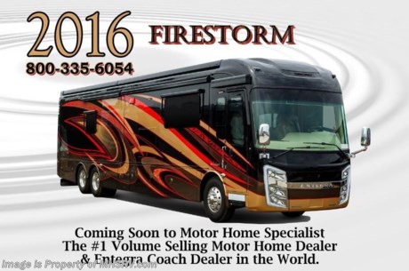 /MT /SOLD 9/28/15 
Motor Home Specialist is Family Owned &amp; Operated and the #1 Volume Selling Motor Home Dealer as well as the #1 Entegra Coach Dealer in the World. MSRP $481,064. All New 2016 Entegra Anthem Model 44B W/4 Slides. This luxury bath &amp; 1/2 diesel motor coach measures approximately 44 feet 11 inches in length and is backed by Entegra Coach&#39;s superior 2-Year/24K Mile Limited Coach &amp; 5-Year Limited Structural Warranties. Options include new exterior paint &amp; graphics package, new interior decor package, dual 100-Watt solar panels, exterior freezer with slide-out tray and iPad Control Center.
New  features for 2016 include an all new exterior design, powered MCD American Duo shades throughout, a driver&#39;s side pilot chair footrest, an industry first Tempur-Pedic mattress, LED accent lighted solid surface countertops throughout, glass tile backsplashes, new wall and accent decorative paneling, enhanced decorative ceiling treatment, newly designed headboard, wardrobe doors are designer matched with the theme of the coach, New Bose Cinemate 130 home theater system with ADAPTiQ audio  calibration, a Bose Solo 15 sound system in the master bedroom, a JBL sound system in the cab custom tuned for Entegra with premium speakers, amplifier and subwoofer, Morning Star Sun-Saver Duo solar panel with remote meter, new lighted step well with EC logo, additional USB/110 outlets, Moen teak flip down shower seat, Ramco InVue exterior mirrors with integrated side view cameras, LED marker lights and turn signals, enhanced exterior entertainment center with JBL multimedia receiver Bluetooth audio streaming and USB input, redesigned wet bay with LED rope lighting, fireplace with LED technology, raised panel doors in kitchen, Thetford Sani-Con Turbo macerator, power rear engine door with push button control, Girard Vision &quot;dual pitched&quot; awning with Ultra slide-out awnings and covers as well as waterproof encased LED lights incorporated into the lead awning rail, improved and user friendly entrance door screen, increased window sizes throughout entire coach, an incredible Samsung 4K UHD Smart TV with Smart Apps; 4 HDMI; 3 USB and built in Wi-Fi. 
The Anthem rides on a raised rail Spartan Mountain Master chassis with independent front suspension, Air Disc Brakes, 55 degree wheel cut and Entegra’s exclusive X-Bridge framing. It is powered by a 450 HP Cummins diesel engine and Allison 3000 series 6-speed automatic transmission with dual overdrives and push button shift pad. The Entegra Coach Anthem also features perhaps the most impressive list of standard equipment ever offered on a luxury motor coach. For additional coach information, brochures, window sticker, videos, photos, Anthem reviews &amp; testimonials as well as additional information about Motor Home Specialist and our manufacturers&#39; please visit us at MHSRV .com or call 800-335-6054. At Motor Home Specialist we DO NOT charge any prep or orientation fees like you will find at other dealerships. All sale prices include a 200 point inspection, interior and exterior wash &amp; detail of vehicle, a thorough coach orientation with an MHS technician, an RV Starter&#39;s kit, a night stay in our delivery park featuring landscaped and covered pads with full hook-ups and much more. Free airport shuttle available with purchase for out-of-town buyers. WHY PAY MORE?... WHY SETTLE FOR LESS?  