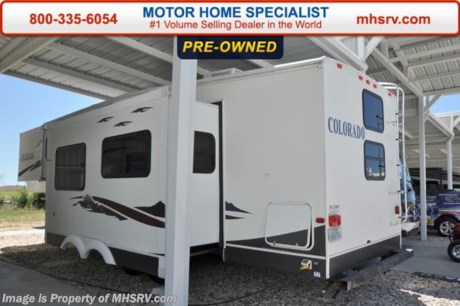 /SOLD 9/28/15 TX
Used Dutchmen Fifth Wheel RV for Sale- 2007 Dutchmen Colorado 28TB is approximately 32 feet 11 inches in length with 2 slides, patio awnings, water heater, pass-thru storage with side swing baggage doors, aluminum wheels, black tank rinsing system, exterior shower, roof ladder, LCD TV with surround sound, sofa with sleeper, booth converts to sleeper, day/night shades, Fantastic Vent, ceiling fan, microwave, 3 burner range with oven, sink covers, refrigerator, glass door shower, pillow top mattress, bunk beds, ducted A/C and much more. For additional information and photos please visit Motor Home Specialist at www.MHSRV .com or call 800-335-6054.