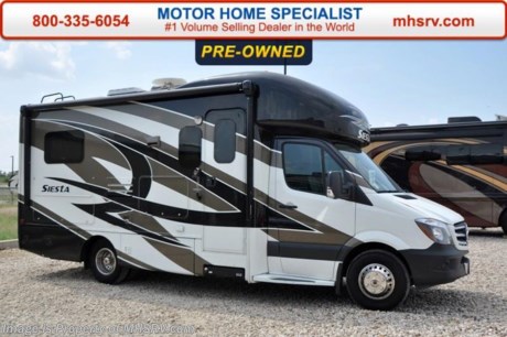/SOLD 9/28/15 TX
Used 2015 Thor Motor Coach Four Winds Siesta Sprinter Diesel. Model 24SA. This RV measures approximately 24 ft. 3 in. in length &amp; features a slide-out room, frameless windows, a booth dinette, beautiful full body paint exterior, cab over entertainment center, LCD TV in bedroom, wood dash appliqu&#233;, 12V attic fan, holding tanks with heat pads, exterior TV, second auxiliary battery, turbo diesel engine, AM/FM/CD, power windows &amp; locks, keyless entry, solid surface kitchen counter, 3-point seat belts, driver &amp; passenger airbags, heated remote side mirrors, fiberglass running boards, spare tire, hitch, back-up monitor, outside shower, slide-out awning, electric step and much more. For additional information and photos please visit Motor Home Specialist at www.MHSRV .com or call 800-335-6054.