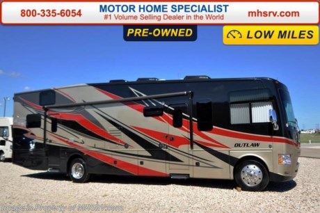 /SOLD 9/28/15 CA
Used 2015 WITH ONLY 2,369 MILES Thor Motor Coach Outlaw Toy Hauler. Model 37LS with slide-out room, Ford 26-Series chassis with Triton V-10 engine, frameless windows, high polished aluminum wheels, as well as drop down ramp door with spring assist &amp; railing for patio use. This unit measures approximately 38 feet 4 inches in length with a beautiful full body exterior, an electric overhead hide-away bunk, dual cargo sofas in garage area, frameless dual pane windows, (4) LCD TVs including an exterior entertainment center, large living room LCD TV on slide-out, LCD TV in loft and LCD TV in garage. You will also find a premium sound system, (3) A/C units, Bluetooth enable coach radio system with exterior speakers, power patio awing with integrated LED lighting, dual side entrance doors, fueling station, 1-piece windshield, a 5500 Onan generator, 3 camera monitoring system, automatic leveling system, Soft Touch leather furniture, leatherette sofa with sleeper, day/night shades and much more. For additional information and photos please visit Motor Home Specialist at www.MHSRV .com or call 800-335-6054.