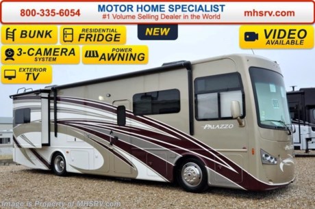 /TX 5-9-16 &lt;a href=&quot;http://www.mhsrv.com/thor-motor-coach/&quot;&gt;&lt;img src=&quot;http://www.mhsrv.com/images/sold-thor.jpg&quot; width=&quot;383&quot; height=&quot;141&quot; border=&quot;0&quot;/&gt;&lt;/a&gt;
**Price includes $5,000 Factory Rebate**  Family Owned &amp; Operated and the #1 Volume Selling Motor Home Dealer in the World as well as the #1 Thor Motor Coach Dealer in the World.  &lt;object width=&quot;400&quot; height=&quot;300&quot;&gt;&lt;param name=&quot;movie&quot; value=&quot;http://www.youtube.com/v/fBpsq4hH-Ws?version=3&amp;amp;hl=en_US&quot;&gt;&lt;/param&gt;&lt;param name=&quot;allowFullScreen&quot; value=&quot;true&quot;&gt;&lt;/param&gt;&lt;param name=&quot;allowscriptaccess&quot; value=&quot;always&quot;&gt;&lt;/param&gt;&lt;embed src=&quot;http://www.youtube.com/v/fBpsq4hH-Ws?version=3&amp;amp;hl=en_US&quot; type=&quot;application/x-shockwave-flash&quot; width=&quot;400&quot; height=&quot;300&quot; allowscriptaccess=&quot;always&quot; allowfullscreen=&quot;true&quot;&gt;&lt;/embed&gt;&lt;/object&gt;   MSRP $213,750. The New 2016 Thor Motor Coach Palazzo Diesel Pusher. Model 33.3 Bunk House. This Diesel Pusher RV features (2) slide-out rooms including a driver&#39;s side full wall slide, bunk beds that can convert to a sofa, booth dinette with LED TV, exterior LED TV, invisible front paint protection &amp; front electric drop-down overhead bunk. The 2016 Palazzo also features a 300 HP Cummins diesel engine with 660 lbs. of torque, Freightliner XC chassis, 6000 Onan diesel generator with AGS, solid surface counters, power driver&#39;s seat, inverter, LCD TV/DVD, residential refrigerator, solid surface countertops, (2) ducted roof A/C units, 3-camera monitoring system, one piece windshield, fiberglass storage compartments, fully automatic hydraulic leveling system, automatic entry step, electric patio awning with integrated LED lighting and much more.  For additional coach information, brochures, window sticker, videos, photos, Palazzo reviews, testimonials as well as additional information about Motor Home Specialist and our manufacturers&#39; please visit us at MHSRV .com or call 800-335-6054. At Motor Home Specialist we DO NOT charge any prep or orientation fees like you will find at other dealerships. All sale prices include a 200 point inspection, interior and exterior wash &amp; detail of vehicle, a thorough coach orientation with an MHS technician, an RV Starter&#39;s kit, a night stay in our delivery park featuring landscaped and covered pads with full hook-ups and much more. Free airport shuttle available with purchase for out-of-town buyers. WHY PAY MORE?... WHY SETTLE FOR LESS?  