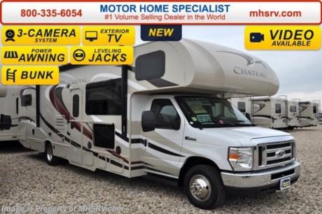/TX 6/28/16 &lt;a href=&quot;http://www.mhsrv.com/thor-motor-coach/&quot;&gt;&lt;img src=&quot;http://www.mhsrv.com/images/sold-thor.jpg&quot; width=&quot;383&quot; height=&quot;141&quot; border=&quot;0&quot; /&gt;&lt;/a&gt;   #1 Volume Selling Motor Home Dealer &amp; Thor Motor Coach Dealer in the World. &lt;iframe width=&quot;400&quot; height=&quot;300&quot; src=&quot;https://www.youtube.com/embed/VZXdH99Xe00&quot; frameborder=&quot;0&quot; allowfullscreen&gt;&lt;/iframe&gt; MSRP $112,333. New 2016 Thor Motor Coach Chateau Class C RV Model 31E bunk model with Ford E-450 chassis, Ford Triton V-10 engine &amp; 8,000 lb. trailer hitch. This unit measures approximately 32 feet 7 inches in length with a full-wall slide-out room, (2) LCD TVs with DVD player combo in the bunk beds and fully automatic leveling jacks. Options include the Premier Package which features a solid surface kitchen counter-top, roller shades, electronics power charging station, kitchen water filter system, LED ceiling lights, black tank flush, 30&quot; OTR microwave and a coach radio system with exterior speakers. Additional options include the all new HD-Max exterior color, exterior TV, leatherette sofa, leatherette booth dinette with Dream Dinette mechanism, child safety tether, 12V attic fan in bedroom, upgraded A/C, second auxiliary battery, spare tire, heated remote exterior mirrors, power driver seat, leatherette driver/passenger seats, cockpit carpet mat and wood dash applique. The Chateau Class C RV has an incredible list of standard features for 2016 as well including heated tanks, power windows and locks, power patio awning with integrated LED lighting, roof ladder, in-dash media center w/DVD/CD/AM/FM &amp; Bluetooth, deluxe exterior mirrors, oven, microwave, power vent in bath, skylight above shower, 4,000 Onan generator, auto transfer switch, cab A/C, battery disconnect switch, auxiliary battery (2 aux. batteries on 31 W model), gas/electric water heater and the RAPID CAMP remote system. Rapid Camp allows you to operate your slide-out room, generator, power awning, selective lighting and more all from a touchscreen remote control. For additional information, brochures, and videos please visit Motor Home Specialist at  MHSRV .com or Call 800-335-6054. At Motor Home Specialist we DO NOT charge any prep or orientation fees like you will find at other dealerships. All sale prices include a 200 point inspection, interior and exterior wash &amp; detail of vehicle, a thorough coach orientation with an MHS technician, an RV Starter&#39;s kit, a night stay in our delivery park featuring landscaped and covered pads with full hook-ups and much more. Free airport shuttle available with purchase for out-of-town buyers. Read From THOUSANDS of Testimonials at MHSRV .com and See What They Had to Say About Their Experience at Motor Home Specialist. WHY PAY MORE?...... WHY SETTLE FOR LESS? 