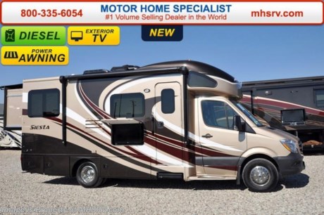 /TX 6/28/16 &lt;a href=&quot;http://www.mhsrv.com/thor-motor-coach/&quot;&gt;&lt;img src=&quot;http://www.mhsrv.com/images/sold-thor.jpg&quot; width=&quot;383&quot; height=&quot;141&quot; border=&quot;0&quot; /&gt;&lt;/a&gt;   *Family Owned &amp; Operated and the #1 Volume Selling Motor Home Dealer in the World as well as the #1 Thor Motor Coach Dealer in the World. MSRP $133,683. New 2016 Thor Motor Coach Four Winds Siesta Sprinter Diesel. Model 24SR. This RV measures approximately 24ft. 10in. in length &amp; features 2 slide-out rooms and LED TV on a slide. Optional equipment includes the beautiful full body paint, bedroom TV, exterior entertainment center, 12V attic fan, 13.5 low profile A/C with heat pump, diesel generator, holding tanks with heat pads and second auxiliary battery. The all new 2016 Four Winds Siesta Sprinter also features a turbo diesel engine, AM/FM/CD, power windows &amp; locks, keyless entry, power vent, back up camera, solid surface kitchen counter, 3-point seat belts, driver &amp; passenger airbags, heated remote side mirrors, fiberglass running boards, spare tire, hitch, back-up monitor, roof ladder, outside shower, slide-out awning, electric step &amp; much more. For additional coach information, brochures, window sticker, videos, photos, Citation reviews, testimonials as well as additional information about Motor Home Specialist and our manufacturers&#39; please visit us at MHSRV .com or call 800-335-6054. At Motor Home Specialist we DO NOT charge any prep or orientation fees like you will find at other dealerships. All sale prices include a 200 point inspection, interior and exterior wash &amp; detail of vehicle, a thorough coach orientation with an MHS technician, an RV Starter&#39;s kit, a night stay in our delivery park featuring landscaped and covered pads with full hook-ups and much more. Free airport shuttle available with purchase for out-of-town buyers. WHY PAY MORE?... WHY SETTLE FOR LESS? 