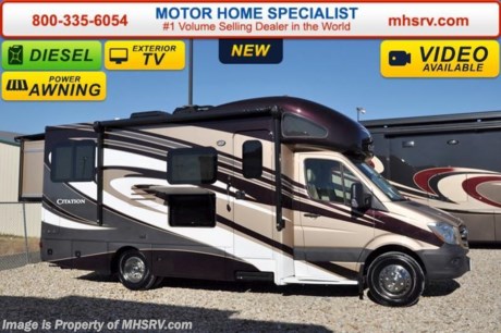 /TX 5-18-16 &lt;a href=&quot;http://www.mhsrv.com/thor-motor-coach/&quot;&gt;&lt;img src=&quot;http://www.mhsrv.com/images/sold-thor.jpg&quot; width=&quot;383&quot; height=&quot;141&quot; border=&quot;0&quot;/&gt;&lt;/a&gt;
*Family Owned &amp; Operated and the #1 Volume Selling Motor Home Dealer in the World as well as the #1 Thor Motor Coach Dealer in the World. MSRP $133,683. New 2016 Thor Motor Coach Chateau Citation Sprinter Diesel. Model 24SR. This RV measures approximately 24ft. 10in. in length &amp; features 2 slide-out rooms and LED TV on a slide. Optional equipment includes the beautiful full body paint, bedroom TV, exterior entertainment center, 12V attic fan, 13.5 low profile A/C with heat pump, diesel generator, holding tanks with heat pads and second auxiliary battery. The all new 2016 Chateau Citation Sprinter also features a turbo diesel engine, AM/FM/CD, power windows &amp; locks, keyless entry, power vent, back up camera, solid surface kitchen counter, 3-point seat belts, driver &amp; passenger airbags, heated remote side mirrors, fiberglass running boards, spare tire, hitch, back-up monitor, roof ladder, outside shower, slide-out awning, electric step &amp; much more. For additional coach information, brochures, window sticker, videos, photos, Citation reviews, testimonials as well as additional information about Motor Home Specialist and our manufacturers&#39; please visit us at MHSRV .com or call 800-335-6054. At Motor Home Specialist we DO NOT charge any prep or orientation fees like you will find at other dealerships. All sale prices include a 200 point inspection, interior and exterior wash &amp; detail of vehicle, a thorough coach orientation with an MHS technician, an RV Starter&#39;s kit, a night stay in our delivery park featuring landscaped and covered pads with full hook-ups and much more. Free airport shuttle available with purchase for out-of-town buyers. WHY PAY MORE?... WHY SETTLE FOR LESS? 