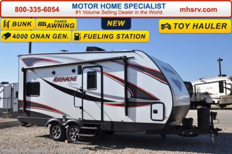 /TX 3-1-16 &lt;a href=&quot;http://www.mhsrv.com/travel-trailers/&quot;&gt;&lt;img src=&quot;http://www.mhsrv.com/images/sold-traveltrailer.jpg&quot; width=&quot;383&quot; height=&quot;141&quot; border=&quot;0&quot;/&gt;&lt;/a&gt;
Family Owned &amp; Operated. Largest Selection, Lowest Prices &amp; the Premier Service &amp; Walk-Through Process that can only be found at the #1 Volume Selling Motor Home Dealer in the World! From $10K to $2 Million... We gotcha&#39; Covered! &lt;object width=&quot;400&quot; height=&quot;300&quot;&gt;&lt;param name=&quot;movie&quot; value=&quot;http://www.youtube.com/v/fBpsq4hH-Ws?version=3&amp;amp;hl=en_US&quot;&gt;&lt;/param&gt;&lt;param name=&quot;allowFullScreen&quot; value=&quot;true&quot;&gt;&lt;/param&gt;&lt;param name=&quot;allowscriptaccess&quot; value=&quot;always&quot;&gt;&lt;/param&gt;&lt;embed src=&quot;http://www.youtube.com/v/fBpsq4hH-Ws?version=3&amp;amp;hl=en_US&quot; type=&quot;application/x-shockwave-flash&quot; width=&quot;400&quot; height=&quot;300&quot; allowscriptaccess=&quot;always&quot; allowfullscreen=&quot;true&quot;&gt;&lt;/embed&gt;&lt;/object&gt;
MSRP $39,184. The Coachmen Adrenaline travel trailer model 19CB features aluminum wheels, Dexter axles, power awning with LED light strip, electric tongue jack, (2) LP bottles with cover, solar prep, LED lighting, 3 step entry, night shades and a diamond plate front rock guard. This beautiful travel trailer also includes the Adrenaline package which features an 8 cu. Ft. refrigerator, convection microwave, 40” LED TV, AM/FM/DVD bluetooth stereo w/app control, spare tire and carrier, battery disconnect, 30 gallon fuel station, 6 gallon gas/electric water heater and bed spread. Additional options include 4KW Onan generator, Fantastic Vent, patio ramp door system, and an A/C upgrade. For additional coach information, brochures, window sticker, videos, photos, reviews &amp; testimonials as well as additional information about Motor Home Specialist and our manufacturers please visit us at MHSRV .com or call 800-335-6054. At Motor Home Specialist we DO NOT charge any prep or orientation fees like you will find at other dealerships. All sale prices include a 200 point inspection, interior &amp; exterior wash &amp; detail of vehicle, a thorough coach orientation with an MHS technician, an RV Starter&#39;s kit, a nights stay in our delivery park featuring landscaped and covered pads with full hook-ups and much more. WHY PAY MORE?... WHY SETTLE FOR LESS?