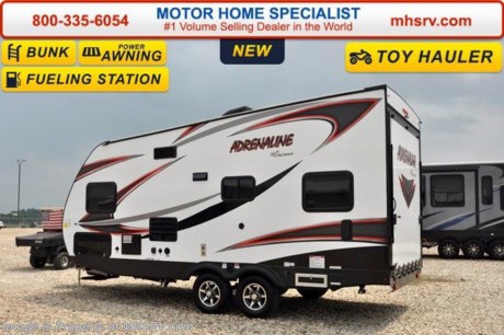 /TX 2-20-17 &lt;a href=&quot;http://www.mhsrv.com/travel-trailers/&quot;&gt;&lt;img src=&quot;http://www.mhsrv.com/images/sold-traveltrailer.jpg&quot; width=&quot;383&quot; height=&quot;141&quot; border=&quot;0&quot;/&gt;&lt;/a&gt;   Family Owned &amp; Operated. Largest Selection, Lowest Prices &amp; the Premier Service &amp; Walk-Through Process that can only be found at the #1 Volume Selling Motor Home Dealer in the World! From $10K to $2 Million... We gotcha&#39; Covered! &lt;object width=&quot;400&quot; height=&quot;300&quot;&gt;&lt;param name=&quot;movie&quot; value=&quot;http://www.youtube.com/v/fBpsq4hH-Ws?version=3&amp;amp;hl=en_US&quot;&gt;&lt;/param&gt;&lt;param name=&quot;allowFullScreen&quot; value=&quot;true&quot;&gt;&lt;/param&gt;&lt;param name=&quot;allowscriptaccess&quot; value=&quot;always&quot;&gt;&lt;/param&gt;&lt;embed src=&quot;http://www.youtube.com/v/fBpsq4hH-Ws?version=3&amp;amp;hl=en_US&quot; type=&quot;application/x-shockwave-flash&quot; width=&quot;400&quot; height=&quot;300&quot; allowscriptaccess=&quot;always&quot; allowfullscreen=&quot;true&quot;&gt;&lt;/embed&gt;&lt;/object&gt;
MSRP $33,790. The Coachmen Adrenaline travel trailer model 19CB. New features for 2017 include Dexter Nev-R-Adjust brakes, Dexter E-Z flex suspension enhancement, porcelain foot flush toilet, glass backsplash, glass panel inserts in the kitchen cabinetry, accent lighting and more. A few standard features include aluminum wheels, Dexter axles, power awning with LED light strip, electric tongue jack, (2) LP bottles with cover, solar prep, LED lighting, 3 step entry, night shades and a diamond plate front rock guard. This beautiful travel trailer also includes the Adrenaline package which features a refrigerator, convection microwave, LED TV, AM/FM/DVD bluetooth stereo w/app control, spare tire and carrier, battery disconnect, gas/electric water heater and a bedspread. Additional options include a Fantastic Vent and an A/C upgrade. For additional coach information, brochures, window sticker, videos, photos, reviews &amp; testimonials as well as additional information about Motor Home Specialist and our manufacturers please visit us at MHSRV .com or call 800-335-6054. At Motor Home Specialist we DO NOT charge any prep or orientation fees like you will find at other dealerships. All sale prices include a 200 point inspection, interior &amp; exterior wash &amp; detail of vehicle, a thorough coach orientation with an MHS technician, an RV Starter&#39;s kit, a nights stay in our delivery park featuring landscaped and covered pads with full hook-ups and much more. WHY PAY MORE?... WHY SETTLE FOR LESS?