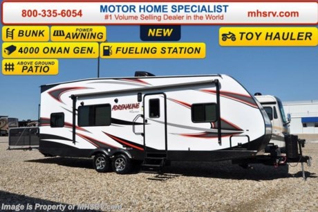 /TX 8/22/16 &lt;a href=&quot;http://www.mhsrv.com/travel-trailers/&quot;&gt;&lt;img src=&quot;http://www.mhsrv.com/images/sold-traveltrailer.jpg&quot; width=&quot;383&quot; height=&quot;141&quot; border=&quot;0&quot; /&gt;&lt;/a&gt; Family Owned &amp; Operated. Largest Selection, Lowest Prices &amp; the Premier Service &amp; Walk-Through Process that can only be found at the #1 Volume Selling Motor Home Dealer in the World! From $10K to $2 Million... We gotcha&#39; Covered! &lt;object width=&quot;400&quot; height=&quot;300&quot;&gt;&lt;param name=&quot;movie&quot; value=&quot;http://www.youtube.com/v/fBpsq4hH-Ws?version=3&amp;amp;hl=en_US&quot;&gt;&lt;/param&gt;&lt;param name=&quot;allowFullScreen&quot; value=&quot;true&quot;&gt;&lt;/param&gt;&lt;param name=&quot;allowscriptaccess&quot; value=&quot;always&quot;&gt;&lt;/param&gt;&lt;embed src=&quot;http://www.youtube.com/v/fBpsq4hH-Ws?version=3&amp;amp;hl=en_US&quot; type=&quot;application/x-shockwave-flash&quot; width=&quot;400&quot; height=&quot;300&quot; allowscriptaccess=&quot;always&quot; allowfullscreen=&quot;true&quot;&gt;&lt;/embed&gt;&lt;/object&gt;
MSRP $44,873. The Coachmen Adrenaline travel trailer model 26CB. New features for 2017 include Dexter Nev-R-Adjust brakes, Dexter E-Z flex suspension enhancement, porcelain foot flush toilet, glass backsplash, glass panel inserts in the kitchen cabinetry, accent lighting and more. A few standard features include aluminum wheels, Dexter axles, power awning with LED light strip, electric tongue jack, (2) LP bottles with cover, solar prep, LED lighting, 3 step entry, night shades and a diamond plate front rock guard. This beautiful travel trailer also includes the Adrenaline package which features a refrigerator, convection microwave, LED TV, AM/FM/DVD bluetooth stereo w/app control, spare tire and carrier, battery disconnect, gas/electric water heater and a bedspread. Additional options include the queen size electric bed with sofas, Onan generator, Fantastic Vent and a patio ramp door system. For additional coach information, brochures, window sticker, videos, photos, reviews &amp; testimonials as well as additional information about Motor Home Specialist and our manufacturers please visit us at MHSRV .com or call 800-335-6054. At Motor Home Specialist we DO NOT charge any prep or orientation fees like you will find at other dealerships. All sale prices include a 200 point inspection, interior &amp; exterior wash &amp; detail of vehicle, a thorough coach orientation with an MHS technician, an RV Starter&#39;s kit, a nights stay in our delivery park featuring landscaped and covered pads with full hook-ups and much more. WHY PAY MORE?... WHY SETTLE FOR LESS?