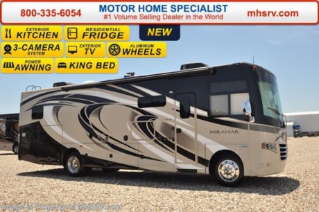 /CA 9/26/16 &lt;a href=&quot;http://www.mhsrv.com/thor-motor-coach/&quot;&gt;&lt;img src=&quot;http://www.mhsrv.com/images/sold-thor.jpg&quot; width=&quot;383&quot; height=&quot;141&quot; border=&quot;0&quot;/&gt;&lt;/a&gt; Receive a $2,000 Gift Card with purchase from Motor Home Specialist Offer Ends September 15th, 2016.  Visit MHSRV.com or Call 800-335-6054 for Upfront &amp; Every Day Low Sale Price! Family Owned &amp; Operated and the #1 Volume Selling Motor Home Dealer in the World as well as the #1 Thor Motor Coach Dealer in the World.  &lt;object width=&quot;400&quot; height=&quot;300&quot;&gt;&lt;param name=&quot;movie&quot; value=&quot;http://www.youtube.com/v/fBpsq4hH-Ws?version=3&amp;amp;hl=en_US&quot;&gt;&lt;/param&gt;&lt;param name=&quot;allowFullScreen&quot; value=&quot;true&quot;&gt;&lt;/param&gt;&lt;param name=&quot;allowscriptaccess&quot; value=&quot;always&quot;&gt;&lt;/param&gt;&lt;embed src=&quot;http://www.youtube.com/v/fBpsq4hH-Ws?version=3&amp;amp;hl=en_US&quot; type=&quot;application/x-shockwave-flash&quot; width=&quot;400&quot; height=&quot;300&quot; allowscriptaccess=&quot;always&quot; allowfullscreen=&quot;true&quot;&gt;&lt;/embed&gt;&lt;/object&gt; 
MSRP $156,638. The New 2017 Thor Motor Coach Miramar 33.5 Model. This class A gas motor home measures approximately 34 feet 7 inches in length and features 2 slides, an exterior entertainment center with TV, a king size bed, power driver&#39;s seat and an exterior kitchen. Options include the beautiful HD-Max exterior and a 12V attic fan. The 2017 Thor Motor Coach Miramar also features one of the most impressive lists of standard equipment in the RV industry including a Ford Triton V-10 engine, Ford 22 Series chassis and high polished aluminum wheels, automatic leveling system with touch pad controls, power patio awning with LED lights, frameless windows, slide-out room awning toppers, heated/remote exterior mirrors with integrated side view cameras, side hinged baggage doors, halogen headlamps with LED accent lights, heated and enclosed holding tanks, residential refrigerator, solid surface kitchen sink, Onan generator, water heater and the RAPID CAMP remote system. Rapid Camp allows you to operate your slide-out room, generator, leveling jacks when applicable, power awning, selective lighting and more all from a touchscreen remote control. For additional coach information, brochures, window sticker, videos, photos, Miramar reviews, testimonials as well as additional information about Motor Home Specialist and our manufacturers&#39; please visit us at MHSRV .com or call 800-335-6054. At Motor Home Specialist we DO NOT charge any prep or orientation fees like you will find at other dealerships. All sale prices include a 200 point inspection, interior and exterior wash &amp; detail of vehicle, a thorough coach orientation with an MHS technician, an RV Starter&#39;s kit, a night stay in our delivery park featuring landscaped and covered pads with full hook-ups and much more. Free airport shuttle available with purchase for out-of-town buyers. WHY PAY MORE?... WHY SETTLE FOR LESS? 
&lt;object width=&quot;400&quot; height=&quot;300&quot;&gt;&lt;param name=&quot;movie&quot; value=&quot;//www.youtube.com/v/wsGkgVdi1T8?version=3&amp;amp;hl=en_US&quot;&gt;&lt;/param&gt;&lt;param name=&quot;allowFullScreen&quot; value=&quot;true&quot;&gt;&lt;/param&gt;&lt;param name=&quot;allowscriptaccess&quot; value=&quot;always&quot;&gt;&lt;/param&gt;&lt;embed src=&quot;//www.youtube.com/v/wsGkgVdi1T8?version=3&amp;amp;hl=en_US&quot; type=&quot;application/x-shockwave-flash&quot; width=&quot;400&quot; height=&quot;300&quot; allowscriptaccess=&quot;always&quot; allowfullscreen=&quot;true&quot;&gt;&lt;/embed&gt;&lt;/object&gt;