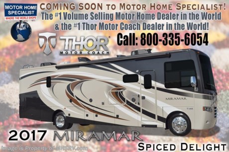/LA 10-25-16 &lt;a href=&quot;http://www.mhsrv.com/thor-motor-coach/&quot;&gt;&lt;img src=&quot;http://www.mhsrv.com/images/sold-thor.jpg&quot; width=&quot;383&quot; height=&quot;141&quot; border=&quot;0&quot;/&gt;&lt;/a&gt;     Receive a $1,000 Gift Card with purchase from Motor Home Specialist while supplies last!  Visit MHSRV.com or Call 800-335-6054 for Upfront &amp; Every Day Low Sale Price! Family Owned &amp; Operated and the #1 Volume Selling Motor Home Dealer in the World as well as the #1 Thor Motor Coach Dealer in the World.  
&lt;object width=&quot;400&quot; height=&quot;300&quot;&gt;&lt;param name=&quot;movie&quot; value=&quot;http://www.youtube.com/v/fBpsq4hH-Ws?version=3&amp;amp;hl=en_US&quot;&gt;&lt;/param&gt;&lt;param name=&quot;allowFullScreen&quot; value=&quot;true&quot;&gt;&lt;/param&gt;&lt;param name=&quot;allowscriptaccess&quot; value=&quot;always&quot;&gt;&lt;/param&gt;&lt;embed src=&quot;http://www.youtube.com/v/fBpsq4hH-Ws?version=3&amp;amp;hl=en_US&quot; type=&quot;application/x-shockwave-flash&quot; width=&quot;400&quot; height=&quot;300&quot; allowscriptaccess=&quot;always&quot; allowfullscreen=&quot;true&quot;&gt;&lt;/embed&gt;&lt;/object&gt; 
MSRP $165,038. The New 2017 Thor Motor Coach Miramar 35.2 Model. This class A gas motor home measures approximately 36 feet 10 inches in length and features 2 slides including a full wall slide, theater seats, booth dinette, sofa sleeper, retractable TV, overhead loft and a king size bed. Options include the beautiful HD-Max exterior and a 12V attic fan. The 2017 Thor Motor Coach Miramar also features one of the most impressive lists of standard equipment in the RV industry including a Ford Triton V-10 engine, Ford 22 Series chassis, high polished aluminum wheels, automatic leveling system with touch pad controls, power patio awning with LED lights, frameless windows, slide-out room awning toppers, heated/remote exterior mirrors with integrated side view cameras, side hinged baggage doors, headlamps with LED accent lights, heated and enclosed holding tanks, residential refrigerator, Onan generator, water heater, pass-thru storage, roof ladder, one-piece windshield, LCD back-up monitor with camera, solid wood raised panel cabinet doors, 3 burner cook top with oven, OTR microwave, bedroom TV, 50 amp service, emergency start switch, system control center, hitch, electric entrance steps, power privacy shade, soft touch vinyl ceilings, glass door shower and the RAPID CAMP remote system. Rapid Camp allows you to operate your slide-out room, generator, leveling jacks when applicable, power awning, selective lighting and more all from a touchscreen remote control. For additional coach information, brochures, window sticker, videos, photos, Miramar reviews, testimonials as well as additional information about Motor Home Specialist and our manufacturers&#39; please visit us at MHSRV .com or call 800-335-6054. At Motor Home Specialist we DO NOT charge any prep or orientation fees like you will find at other dealerships. All sale prices include a 200 point inspection, interior and exterior wash &amp; detail of vehicle, a thorough coach orientation with an MHS technician, an RV Starter&#39;s kit, a night stay in our delivery park featuring landscaped and covered pads with full hook-ups and much more. Free airport shuttle available with purchase for out-of-town buyers. WHY PAY MORE?... WHY SETTLE FOR LESS? 
&lt;object width=&quot;400&quot; height=&quot;300&quot;&gt;&lt;param name=&quot;movie&quot; value=&quot;//www.youtube.com/v/wsGkgVdi1T8?version=3&amp;amp;hl=en_US&quot;&gt;&lt;/param&gt;&lt;param name=&quot;allowFullScreen&quot; value=&quot;true&quot;&gt;&lt;/param&gt;&lt;param name=&quot;allowscriptaccess&quot; value=&quot;always&quot;&gt;&lt;/param&gt;&lt;embed src=&quot;//www.youtube.com/v/wsGkgVdi1T8?version=3&amp;amp;hl=en_US&quot; type=&quot;application/x-shockwave-flash&quot; width=&quot;400&quot; height=&quot;300&quot; allowscriptaccess=&quot;always&quot; allowfullscreen=&quot;true&quot;&gt;&lt;/embed&gt;&lt;/object&gt;