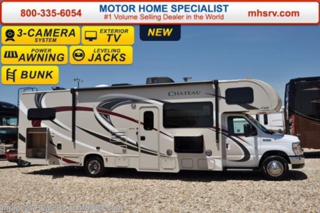 /TX 8-15-16 &lt;a href=&quot;http://www.mhsrv.com/thor-motor-coach/&quot;&gt;&lt;img src=&quot;http://www.mhsrv.com/images/sold-thor.jpg&quot; width=&quot;383&quot; height=&quot;141&quot; border=&quot;0&quot; /&gt;&lt;/a&gt;      Visit MHSRV.com or Call 800-335-6054 for Upfront &amp; Every Day Low Sale Price! #1 Volume Selling Motor Home Dealer &amp; Thor Motor Coach Dealer in the World. &lt;iframe width=&quot;400&quot; height=&quot;300&quot; src=&quot;https://www.youtube.com/embed/VZXdH99Xe00&quot; frameborder=&quot;0&quot; allowfullscreen&gt;&lt;/iframe&gt; MSRP $112,760. New 2017 Thor Motor Coach Chateau Class C RV Model 31E bunk model with Ford E-450 chassis, Ford Triton V-10 engine &amp; 8,000 lb. trailer hitch. This unit measures approximately 32 feet 7 inches in length with a full-wall slide-out room, (2) LCD TVs with DVD player combo in the bunk beds and fully automatic leveling jacks. Options include the Premier Package which features a solid surface kitchen counter-top, roller shades, electronics power charging station, kitchen water filter system, LED ceiling lights, black tank flush, 30&quot; OTR microwave and a coach radio system with exterior speakers. Additional options include the all new HD-Max exterior color, exterior TV, leatherette sofa, child safety tether, attic fan, upgraded A/C, second auxiliary battery, spare tire kit, heated remoted exterior mirrors with side cameras, power drivers seeat, leatherette driver/passenger chairs, cockpit carpet mat and dash applique. The Chateau Class C RV has an incredible list of standard features for 2017 as well including heated tanks, power windows and locks, power patio awning with integrated LED lighting, roof ladder, in-dash media center w/DVD/CD/AM/FM &amp; Bluetooth, deluxe exterior mirrors, oven, microwave, power vent in bath, skylight above shower, Onan generator, auto transfer switch, cab A/C, battery disconnect switch, auxiliary battery (2 aux. batteries on 31 W model), water heater and the RAPID CAMP remote system. Rapid Camp allows you to operate your slide-out room, generator, power awning, selective lighting and more all from a touchscreen remote control. For additional information, brochures, and videos please visit Motor Home Specialist at  MHSRV .com or Call 800-335-6054. At Motor Home Specialist we DO NOT charge any prep or orientation fees like you will find at other dealerships. All sale prices include a 200 point inspection, interior and exterior wash &amp; detail of vehicle, a thorough coach orientation with an MHS technician, an RV Starter&#39;s kit, a night stay in our delivery park featuring landscaped and covered pads with full hook-ups and much more. Free airport shuttle available with purchase for out-of-town buyers. Read From THOUSANDS of Testimonials at MHSRV .com and See What They Had to Say About Their Experience at Motor Home Specialist. WHY PAY MORE?...... WHY SETTLE FOR LESS? 