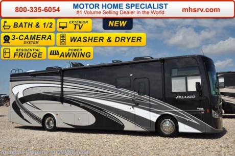 /TX 8-15-16 &lt;a href=&quot;http://www.mhsrv.com/thor-motor-coach/&quot;&gt;&lt;img src=&quot;http://www.mhsrv.com/images/sold-thor.jpg&quot; width=&quot;383&quot; height=&quot;141&quot; border=&quot;0&quot; /&gt;&lt;/a&gt;     Visit MHSRV.com or Call 800-335-6054 for Upfront &amp; Every Day Low Sale Price! Family Owned &amp; Operated and the #1 Volume Selling Motor Home Dealer in the World as well as the #1 Thor Motor Coach Dealer in the World.  &lt;object width=&quot;400&quot; height=&quot;300&quot;&gt;&lt;param name=&quot;movie&quot; value=&quot;http://www.youtube.com/v/fBpsq4hH-Ws?version=3&amp;amp;hl=en_US&quot;&gt;&lt;/param&gt;&lt;param name=&quot;allowFullScreen&quot; value=&quot;true&quot;&gt;&lt;/param&gt;&lt;param name=&quot;allowscriptaccess&quot; value=&quot;always&quot;&gt;&lt;/param&gt;&lt;embed src=&quot;http://www.youtube.com/v/fBpsq4hH-Ws?version=3&amp;amp;hl=en_US&quot; type=&quot;application/x-shockwave-flash&quot; width=&quot;400&quot; height=&quot;300&quot; allowscriptaccess=&quot;always&quot; allowfullscreen=&quot;true&quot;&gt;&lt;/embed&gt;&lt;/object&gt;   MSRP $220,941. The New 2017 Thor Motor Coach Palazzo Diesel Pusher. Model 36.1 Bath &amp; 1/2. This Diesel Pusher RV is approximately 37 feet 7 inches in length and features (2) slide-out rooms including a driver&#39;s side full wall slide, bath &amp; 1/2, booth dinette, sofa with sleeper, exterior LED TV, invisible front paint protection &amp; front electric drop-down overhead loft. The 2017 Palazzo also features a 340 HP Cummins diesel engine with 700 lbs. of torque, Freightliner XC chassis, 6000 Onan diesel generator with AGS, solid surface counters, power driver&#39;s seat, inverter, residential refrigerator, solid surface countertops, (2) ducted roof A/C units, 3-camera monitoring system, one piece windshield, fiberglass storage compartments, fully automatic hydraulic leveling system, automatic entry step, electric patio awning with integrated LED lighting and much more. For additional coach information, brochures, window sticker, videos, photos, Palazzo reviews, testimonials as well as additional information about Motor Home Specialist and our manufacturers&#39; please visit us at MHSRV .com or call 800-335-6054. At Motor Home Specialist we DO NOT charge any prep or orientation fees like you will find at other dealerships. All sale prices include a 200 point inspection, interior and exterior wash &amp; detail of vehicle, a thorough coach orientation with an MHS technician, an RV Starter&#39;s kit, a night stay in our delivery park featuring landscaped and covered pads with full hook-ups and much more. Free airport shuttle available with purchase for out-of-town buyers. WHY PAY MORE?... WHY SETTLE FOR LESS?  