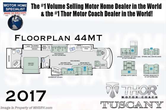 2017 Thor Motor Coach Tuscany 44MT Bath &amp; 1/2, Aqua Hot, King, 10K Gen. Floorplan