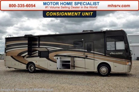 /picked up 8/23/16   **Consignment** Used Thor Motor Coach for Sale- 2015 Thor Motor Coach Palazzo 36.2 with 2 slides and 4,586 miles. This RV is approximately 37 feet 1 inch in length with a Cummins 340HP engine, Freightliner raised rail chassis, power mirrors with heat, power privacy shades, exhaust brake, 6KW Onan generator with 58 hours with AGS, power patio awning, slide-out room toppers, gas/electric water heater, pass-thru storage with side swing baggage doors, half length slide-out cargo tray, exterior shower, roof ladder, 10K lb. hitch, automatic leveling system, 3 camera monitoring system, exterior entertainment center, inverter,booth converts to sleeper, dual pane windows, solar/black-out shades, convection microwave, solid surface counter, sink covers, glass door shower, all in 1 bath, king bed, cab over loft, 2 ducted A/Cs and much more. For additional information and photos please visit Motor Home Specialist at www.MHSRV.com or call 800-335-6054.