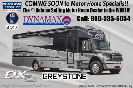 /OK 9/26/16 &lt;a href=&quot;http://www.mhsrv.com/other-rvs-for-sale/dynamax-rv/&quot;&gt;&lt;img src=&quot;http://www.mhsrv.com/images/sold-dynamax.jpg&quot; width=&quot;383&quot; height=&quot;141&quot; border=&quot;0&quot;/&gt;&lt;/a&gt;  Family Owned &amp; Operated and the #1 Volume Selling Motor Home Dealer in the World as well as the #1 Dynamax DX3 Dealer in the World.  &lt;object width=&quot;400&quot; height=&quot;300&quot;&gt;&lt;param name=&quot;movie&quot; value=&quot;http://www.youtube.com/v/fBpsq4hH-Ws?version=3&amp;amp;hl=en_US&quot;&gt;&lt;/param&gt;&lt;param name=&quot;allowFullScreen&quot; value=&quot;true&quot;&gt;&lt;/param&gt;&lt;param name=&quot;allowscriptaccess&quot; value=&quot;always&quot;&gt;&lt;/param&gt;&lt;embed src=&quot;http://www.youtube.com/v/fBpsq4hH-Ws?version=3&amp;amp;hl=en_US&quot; type=&quot;application/x-shockwave-flash&quot; width=&quot;400&quot; height=&quot;300&quot; allowscriptaccess=&quot;always&quot; allowfullscreen=&quot;true&quot;&gt;&lt;/embed&gt;&lt;/object&gt;
MSRP $317,761. 2017 DynaMax DX3 model 37RB with 3 slides &amp; a King bed. Perhaps the most luxurious yet affordable Super C motor home on the market! Features include the exclusive D-Max design which maximizes structural integrity &amp; stability, Blistein oversized shock absorbers, newly designed aerodynamic fiberglass front &amp; rear caps, vacuum-Laminated 2&quot; insulated floor, one-piece fiberglass roof, Roto-Formed ribbed storage compartments, side-hinged aluminum compartment doors with paddle latches, integrated Carefree Mirage roof-mounted awnings with LED lighting, heavy duty electric triple series 25 entry step, clear vision frameless windows, Aqua-Hot Hydronic System, Sani-Con emptying system with macerating pump, luxurious porcelain tile flooring, decorative crown molding, MCD day/night shades, solid surface countertops, dual A/Cs with heat pumps, 8KW Onan diesel generator, 3,000 watt inverter with low voltage automatic start and 2 upgraded 4D AGM house batteries. This Model is powered by the upgraded 9.0L Cummins 350HP diesel engine with 1,000 lbs. of torque &amp; massive 33,000 lb. Freightliner M-2 chassis with 20,000 lb. hitch and 4 point fully automatic hydraulic leveling jacks. Options include the beautiful full body exterior paint, solar panels, brake controller, diesel Aqua Hot, electric cook top ILO LP, dual reclining theater seats IPO sofa and a washer dryer. The DX3 also features an exterior entertainment center, Jacobs C-Brake with low/off/high dash switch, Allison transmission, air brakes with 4 wheel ABS, twin aluminum fuel tanks, electric power windows, remote keyless pad at entry door, large TV in the living area, Blue-Ray home theater system, In-Motion satellite, flush mounted LED ceiling lights, convection microwave, residential refrigerator, touch screen premium AM/FM/CD/DVD radio, GPS with color monitor, color back-up camera and two color side view cameras.  For additional coach information, brochures, window sticker, videos, photos, DX3 reviews &amp; testimonials as well as additional information about Motor Home Specialist and our manufacturers please visit us at MHSRV .com or call 800-335-6054. At Motor Home Specialist we DO NOT charge any prep or orientation fees like you will find at other dealerships. All sale prices include a 200 point inspection, interior &amp; exterior wash &amp; detail of vehicle, a thorough coach orientation with an MHS technician, an RV Starter&#39;s kit, a nights stay in our delivery park featuring landscaped and covered pads with full hook-ups and much more. WHY PAY MORE?... WHY SETTLE FOR LESS?