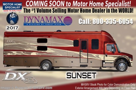 /AZ 11/15/16 &lt;a href=&quot;http://www.mhsrv.com/other-rvs-for-sale/dynamax-rv/&quot;&gt;&lt;img src=&quot;http://www.mhsrv.com/images/sold-dynamax.jpg&quot; width=&quot;383&quot; height=&quot;141&quot; border=&quot;0&quot;/&gt;&lt;/a&gt;  Family Owned &amp; Operated and the #1 Volume Selling Motor Home Dealer in the World as well as the #1 Dynamax DX3 Dealer in the World.  &lt;object width=&quot;400&quot; height=&quot;300&quot;&gt;&lt;param name=&quot;movie&quot; value=&quot;http://www.youtube.com/v/fBpsq4hH-Ws?version=3&amp;amp;hl=en_US&quot;&gt;&lt;/param&gt;&lt;param name=&quot;allowFullScreen&quot; value=&quot;true&quot;&gt;&lt;/param&gt;&lt;param name=&quot;allowscriptaccess&quot; value=&quot;always&quot;&gt;&lt;/param&gt;&lt;embed src=&quot;http://www.youtube.com/v/fBpsq4hH-Ws?version=3&amp;amp;hl=en_US&quot; type=&quot;application/x-shockwave-flash&quot; width=&quot;400&quot; height=&quot;300&quot; allowscriptaccess=&quot;always&quot; allowfullscreen=&quot;true&quot;&gt;&lt;/embed&gt;&lt;/object&gt;
MSRP $315,802. 2017 DynaMax DX3 model 37BH with 2 slides &amp; bunks. Perhaps the most luxurious yet affordable Super C motor home on the market! Features include the exclusive D-Max design which maximizes structural integrity &amp; stability, Blistein oversized shock absorbers, newly designed aerodynamic fiberglass front &amp; rear caps, vacuum-Laminated 2&quot; insulated floor, one-piece fiberglass roof, Roto-Formed ribbed storage compartments, side-hinged aluminum compartment doors with paddle latches, integrated Carefree Mirage roof-mounted awnings with LED lighting, heavy duty electric triple series 25 entry step, clear vision frameless windows, Aqua-Hot Hydronic System, Sani-Con emptying system with macerating pump, luxurious porcelain tile flooring, decorative crown molding, MCD day/night shades, solid surface countertops, king size mattress, dual A/Cs with heat pumps, 8KW Onan diesel generator, 3,000 watt inverter with low voltage automatic start and 2 upgraded 4D AGM house batteries. This Model is powered by the upgraded 9.0L Cummins 350HP diesel engine with 1,000 lbs. of torque &amp; massive 33,000 lb. Freightliner M-2 chassis with 20,000 lb. hitch and 4 point fully automatic hydraulic leveling jacks. Options include the beautiful full body exterior 4-Color package, bunk DVD players, solar panels, brake controller, diesel Aqua Hot, electric cooktop ILO LP, entertainment center with 50&quot; TV &amp; fireplace IPO love seat, dual reclining theater seats IPO sofa and a washer dryer. The DX3 also features an exterior entertainment center, Jacobs C-Brake with low/off/high dash switch, Allison transmission, air brakes with 4 wheel ABS, twin aluminum fuel tanks, electric power windows, remote keyless pad at entry door, Blue-Ray home theater system, In-Motion satellite, flush mounted LED ceiling lights, convection microwave, residential refrigerator, touch screen premium AM/FM/CD/DVD radio, GPS with color monitor, color back-up camera and two color side view cameras.  For additional coach information, brochures, window sticker, videos, photos, DX3 reviews &amp; testimonials as well as additional information about Motor Home Specialist and our manufacturers please visit us at MHSRV .com or call 800-335-6054. At Motor Home Specialist we DO NOT charge any prep or orientation fees like you will find at other dealerships. All sale prices include a 200 point inspection, interior &amp; exterior wash &amp; detail of vehicle, a thorough coach orientation with an MHS technician, an RV Starter&#39;s kit, a nights stay in our delivery park featuring landscaped and covered pads with full hook-ups and much more. WHY PAY MORE?... WHY SETTLE FOR LESS?