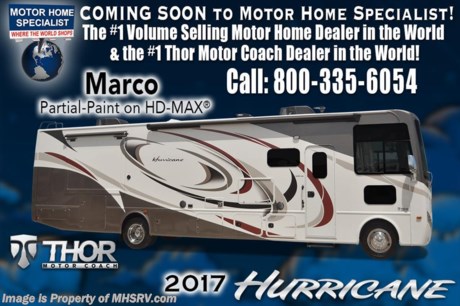 /TX 10-25-16 &lt;a href=&quot;http://www.mhsrv.com/thor-motor-coach/&quot;&gt;&lt;img src=&quot;http://www.mhsrv.com/images/sold-thor.jpg&quot; width=&quot;383&quot; height=&quot;141&quot; border=&quot;0&quot;/&gt;&lt;/a&gt;     Visit MHSRV.com or Call 800-335-6054 for Upfront &amp; Every Day Low Sale Price! Family Owned &amp; Operated and the #1 Volume Selling Motor Home Dealer in the World as well as the #1 Thor Motor Coach Dealer in the World.  &lt;object width=&quot;400&quot; height=&quot;300&quot;&gt;&lt;param name=&quot;movie&quot; value=&quot;//www.youtube.com/v/VZXdH99Xe00?hl=en_US&amp;amp;version=3&quot;&gt;&lt;/param&gt;&lt;param name=&quot;allowFullScreen&quot; value=&quot;true&quot;&gt;&lt;/param&gt;&lt;param name=&quot;allowscriptaccess&quot; value=&quot;always&quot;&gt;&lt;/param&gt;&lt;embed src=&quot;//www.youtube.com/v/VZXdH99Xe00?hl=en_US&amp;amp;version=3&quot; type=&quot;application/x-shockwave-flash&quot; width=&quot;400&quot; height=&quot;300&quot; allowscriptaccess=&quot;always&quot; allowfullscreen=&quot;true&quot;&gt;&lt;/embed&gt;&lt;/object&gt; 
MSRP $142,576. New 2017 Thor Motor Coach Hurricane: 34J Model. The 2017 Hurricane is approximately 35 feet 10 inches in length with a full wall slide, exterior TV, heated and enclosed underbelly, black tank flush, LED ceiling lighting, king size bed, exterior kitchen, bedroom TV, power Hide-Away overhead loft and bunk beds which convert to sofa. Optional equipment includes the beautiful partial paint HD-Max high gloss exterior, 12V attic fan and a power driver&#39;s seat. The all new Thor Motor Coach Hurricane RV also features a Ford chassis with Triton V-10 Ford engine, automatic hydraulic leveling jacks, large TV, tinted one piece windshield, frameless windows, power patio awning with LED lighting, night shades, kitchen backsplash, refrigerator, microwave and much more. For additional coach information, brochures, window sticker, videos, photos, Hurricane reviews, testimonials as well as additional information about Motor Home Specialist and our manufacturers&#39; please visit us at MHSRV .com or call 800-335-6054. At Motor Home Specialist we DO NOT charge any prep or orientation fees like you will find at other dealerships. All sale prices include a 200 point inspection, interior and exterior wash &amp; detail of vehicle, a thorough coach orientation with an MHS technician, an RV Starter&#39;s kit, a night stay in our delivery park featuring landscaped and covered pads with full hook-ups and much more. Free airport shuttle available with purchase for out-of-town buyers. WHY PAY MORE?... WHY SETTLE FOR LESS? 