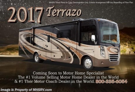 /TX 10-25-16 &lt;a href=&quot;http://www.mhsrv.com/thor-motor-coach/&quot;&gt;&lt;img src=&quot;http://www.mhsrv.com/images/sold-thor.jpg&quot; width=&quot;383&quot; height=&quot;141&quot; border=&quot;0&quot;/&gt;&lt;/a&gt;     Receive a $1,000 Gift Card with purchase from Motor Home Specialist while supplies last!   &lt;object width=&quot;400&quot; height=&quot;300&quot;&gt;&lt;param name=&quot;movie&quot; value=&quot;//www.youtube.com/v/bN591K_alkM?hl=en_US&amp;amp;version=3&quot;&gt;&lt;/param&gt;&lt;param name=&quot;allowFullScreen&quot; value=&quot;true&quot;&gt;&lt;/param&gt;&lt;param name=&quot;allowscriptaccess&quot; value=&quot;always&quot;&gt;&lt;/param&gt;&lt;embed src=&quot;//www.youtube.com/v/bN591K_alkM?hl=en_US&amp;amp;version=3&quot; type=&quot;application/x-shockwave-flash&quot; width=&quot;400&quot; height=&quot;300&quot; allowscriptaccess=&quot;always&quot; allowfullscreen=&quot;true&quot;&gt;&lt;/embed&gt;&lt;/object&gt;  MSRP $184,554. This luxury bath &amp; 1/2 model RV measures approximately 38 feet 1 inch in length and features (2) slide-out rooms, king size bed, fireplace, flat panel TV, frameless windows, exterior entertainment center, LED lighting, beautiful decor, residential refrigerator, inverter and bedroom TV. Optional equipment includes the beautiful full body paint exterior, leatherette theater seating, frameless dual pane windows and a 3-burner range with oven. The all new 2017 Thor Motor Coach Challenger also features one of the most impressive lists of standard equipment in the RV industry including a Ford Triton V-10 engine, 24-Series ford chassis with aluminum wheels, fully automatic hydraulic leveling system, all tile backsplash, electric overhead Hide-Away loft, electric patio awning with LED lighting, side hinged baggage doors, roller day/night shades, solid surface kitchen counter, dual roof A/C units, 5,500 Onan generator, water heater, heated and enclosed holding tanks and the RAPID CAMP remote system. Rapid Camp allows you to operate your slide-out room, generator, leveling jacks when applicable, power awning, selective lighting and more all from a touchscreen remote control. For additional information, brochures, and videos please visit Motor Home Specialist at MHSRV .com or Call 800-335-6054. At Motor Home Specialist we DO NOT charge any prep or orientation fees like you will find at other dealerships. All sale prices include a 200 point inspection, interior and exterior wash &amp; detail of vehicle, a thorough coach orientation with an MHSRV technician, an RV Starter&#39;s kit, a night stay in our delivery park featuring landscaped and covered pads with full hook-ups and much more. Free airport shuttle available with purchase for out-of-town buyers. Read From THOUSANDS of Testimonials at MHSRV .com and See What They Had to Say About Their Experience at Motor Home Specialist. WHY PAY MORE?...... WHY SETTLE FOR LESS?  &lt;object width=&quot;400&quot; height=&quot;300&quot;&gt;&lt;param name=&quot;movie&quot; value=&quot;//www.youtube.com/v/VZXdH99Xe00?hl=en_US&amp;amp;version=3&quot;&gt;&lt;/param&gt;&lt;param name=&quot;allowFullScreen&quot; value=&quot;true&quot;&gt;&lt;/param&gt;&lt;param name=&quot;allowscriptaccess&quot; value=&quot;always&quot;&gt;&lt;/param&gt;&lt;embed src=&quot;//www.youtube.com/v/VZXdH99Xe00?hl=en_US&amp;amp;version=3&quot; type=&quot;application/x-shockwave-flash&quot; width=&quot;400&quot; height=&quot;300&quot; allowscriptaccess=&quot;always&quot; allowfullscreen=&quot;true&quot;&gt;&lt;/embed&gt;&lt;/object&gt;