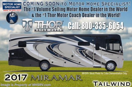 /MO 2/1/17 &lt;a href=&quot;http://www.mhsrv.com/thor-motor-coach/&quot;&gt;&lt;img src=&quot;http://www.mhsrv.com/images/sold-thor.jpg&quot; width=&quot;383&quot; height=&quot;141&quot; border=&quot;0&quot;/&gt;&lt;/a&gt; Visit MHSRV.com or Call 800-335-6054 for Upfront &amp; Every Day Low Sale Price! Family Owned &amp; Operated and the #1 Volume Selling Motor Home Dealer in the World as well as the #1 Thor Motor Coach Dealer in the World.  
&lt;object width=&quot;400&quot; height=&quot;300&quot;&gt;&lt;param name=&quot;movie&quot; value=&quot;http://www.youtube.com/v/fBpsq4hH-Ws?version=3&amp;amp;hl=en_US&quot;&gt;&lt;/param&gt;&lt;param name=&quot;allowFullScreen&quot; value=&quot;true&quot;&gt;&lt;/param&gt;&lt;param name=&quot;allowscriptaccess&quot; value=&quot;always&quot;&gt;&lt;/param&gt;&lt;embed src=&quot;http://www.youtube.com/v/fBpsq4hH-Ws?version=3&amp;amp;hl=en_US&quot; type=&quot;application/x-shockwave-flash&quot; width=&quot;400&quot; height=&quot;300&quot; allowscriptaccess=&quot;always&quot; allowfullscreen=&quot;true&quot;&gt;&lt;/embed&gt;&lt;/object&gt; 
MSRP $165,038. The New 2017 Thor Motor Coach Miramar 35.2 Model. This class A gas motor home measures approximately 36 feet 10 inches in length and features 2 slides including a full wall slide, theater seats, booth dinette, sofa sleeper, retractable TV, overhead loft and a king size bed. Options include the beautiful HD-Max exterior and a 12V attic fan. The 2017 Thor Motor Coach Miramar also features one of the most impressive lists of standard equipment in the RV industry including a Ford Triton V-10 engine, Ford 22 Series chassis, high polished aluminum wheels, automatic leveling system with touch pad controls, power patio awning with LED lights, frameless windows, slide-out room awning toppers, heated/remote exterior mirrors with integrated side view cameras, side hinged baggage doors, headlamps with LED accent lights, heated and enclosed holding tanks, residential refrigerator, Onan generator, water heater, pass-thru storage, roof ladder, one-piece windshield, LCD back-up monitor with camera, solid wood raised panel cabinet doors, 3 burner cook top with oven, OTR microwave, bedroom TV, 50 amp service, emergency start switch, system control center, hitch, electric entrance steps, power privacy shade, soft touch vinyl ceilings, glass door shower and the RAPID CAMP remote system. Rapid Camp allows you to operate your slide-out room, generator, leveling jacks when applicable, power awning, selective lighting and more all from a touchscreen remote control. For additional coach information, brochures, window sticker, videos, photos, Miramar reviews, testimonials as well as additional information about Motor Home Specialist and our manufacturers&#39; please visit us at MHSRV .com or call 800-335-6054. At Motor Home Specialist we DO NOT charge any prep or orientation fees like you will find at other dealerships. All sale prices include a 200 point inspection, interior and exterior wash &amp; detail of vehicle, a thorough coach orientation with an MHS technician, an RV Starter&#39;s kit, a night stay in our delivery park featuring landscaped and covered pads with full hook-ups and much more. Free airport shuttle available with purchase for out-of-town buyers. WHY PAY MORE?... WHY SETTLE FOR LESS? 
&lt;object width=&quot;400&quot; height=&quot;300&quot;&gt;&lt;param name=&quot;movie&quot; value=&quot;//www.youtube.com/v/wsGkgVdi1T8?version=3&amp;amp;hl=en_US&quot;&gt;&lt;/param&gt;&lt;param name=&quot;allowFullScreen&quot; value=&quot;true&quot;&gt;&lt;/param&gt;&lt;param name=&quot;allowscriptaccess&quot; value=&quot;always&quot;&gt;&lt;/param&gt;&lt;embed src=&quot;//www.youtube.com/v/wsGkgVdi1T8?version=3&amp;amp;hl=en_US&quot; type=&quot;application/x-shockwave-flash&quot; width=&quot;400&quot; height=&quot;300&quot; allowscriptaccess=&quot;always&quot; allowfullscreen=&quot;true&quot;&gt;&lt;/embed&gt;&lt;/object&gt;