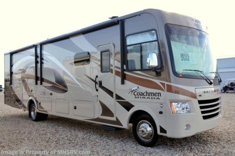 4/24/17 &lt;a href=&quot;http://www.mhsrv.com/coachmen-rv/&quot;&gt;&lt;img src=&quot;http://www.mhsrv.com/images/sold-coachmen.jpg&quot; width=&quot;383&quot; height=&quot;141&quot; border=&quot;0&quot;/&gt;&lt;/a&gt; Buy This Unit Now During the World&#39;s RV Show. Online Show Price Available at MHSRV .com Now through April 22nd, 2017 or Call 800-335-6054. Family Owned &amp; Operated and the #1 Volume Selling Motor Home Dealer in the World as well as the #1 Coachmen Dealer in the World. &lt;iframe width=&quot;400&quot; height=&quot;300&quot; src=&quot;https://www.youtube.com/embed/sYHR4QtB5TY&quot; frameborder=&quot;0&quot; allowfullscreen&gt;&lt;/iframe&gt;  
MSRP $147,991 - New 2018 Coachmen Mirada Model 35KB. It measures approximately 36 feet 10 inches in length and features a king bed, solid surface kitchen countertop, hardwood cabinet doors, frameless tinted windows, reclining/swivel pilot seats, solar privacy shades throughout, power windshield shade, 3 burner range with oven, double door refrigerator, glass door shower, Onan generator, power steps, pass-thru storage, power patio awning, 3 camera monitoring, power heated mirrors, rear ladder and much more. Options include a power drop down over head loft, LCD TV galley overhead cabinet, (2) 15,000 BTU A/Cs with heat pump, exterior entertainment center, the Travel Easy Roadside Assistance and the Stainless Steel Appliance Package. For additional coach information, brochure, window sticker, videos, photos, Mirada customer reviews &amp; testimonials please visit Motor Home Specialist at MHSRV .com or call 800-335-6054. At Motor Home Specialist we DO NOT charge any prep or orientation fees like you will find at other dealerships. All sale prices include a 200 point inspection, interior and exterior wash &amp; detail of vehicle, a thorough coach orientation with an MHS technician, an RV Starter&#39;s kit, a night stay in our delivery park featuring landscaped and covered pads with full hook-ups and much more. Free airport shuttle available with purchase for out-of-town buyers. WHY PAY MORE?... WHY SETTLE FOR LESS? 