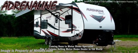 12/30/16 &lt;a href=&quot;http://www.mhsrv.com/travel-trailers/&quot;&gt;&lt;img src=&quot;http://www.mhsrv.com/images/sold-traveltrailer.jpg&quot; width=&quot;383&quot; height=&quot;141&quot; border=&quot;0&quot;/&gt;&lt;/a&gt;   Family Owned &amp; Operated. Largest Selection, Lowest Prices &amp; the Premier Service &amp; Walk-Through Process that can only be found at the #1 Volume Selling Motor Home Dealer in the World! From $10K to $2 Million... We gotcha&#39; Covered! &lt;object width=&quot;400&quot; height=&quot;300&quot;&gt;&lt;param name=&quot;movie&quot; value=&quot;http://www.youtube.com/v/fBpsq4hH-Ws?version=3&amp;amp;hl=en_US&quot;&gt;&lt;/param&gt;&lt;param name=&quot;allowFullScreen&quot; value=&quot;true&quot;&gt;&lt;/param&gt;&lt;param name=&quot;allowscriptaccess&quot; value=&quot;always&quot;&gt;&lt;/param&gt;&lt;embed src=&quot;http://www.youtube.com/v/fBpsq4hH-Ws?version=3&amp;amp;hl=en_US&quot; type=&quot;application/x-shockwave-flash&quot; width=&quot;400&quot; height=&quot;300&quot; allowscriptaccess=&quot;always&quot; allowfullscreen=&quot;true&quot;&gt;&lt;/embed&gt;&lt;/object&gt;
MSRP $46,005. The Coachmen Adrenaline travel trailer model 26CB. This toy hauler travel trailer features the Exterior Value, Interior Value &amp; Adrenaline Packages which include Mega Rail powerder coat chassis, one piece TPO roof, Dexter axles, laminated walls &amp; roof, aluminum wheels, tinted windows, NitroFill tires, LED lighting, radius door, front diamond plate rock guard, power awning, stabilizer jacks, power vent, solar prep, night shades, rear pull down screen, ball bearing drawer guides, Carefree flooring, sink covers, China toilet, backsplash, convection microwave oven, large LED TV, spare tire, fuel station, gas/electric water heater and much more. Additional options electric bed with sofas, 4KW Onan generator, Max Air vent, patio ramp door system, 15K upgraded A/C and a LED flat screen TV. For additional coach information, brochures, window sticker, videos, photos, reviews &amp; testimonials as well as additional information about Motor Home Specialist and our manufacturers please visit us at MHSRV .com or call 800-335-6054. At Motor Home Specialist we DO NOT charge any prep or orientation fees like you will find at other dealerships. All sale prices include a 200 point inspection, interior &amp; exterior wash &amp; detail of vehicle, a thorough coach orientation with an MHS technician, an RV Starter&#39;s kit, a nights stay in our delivery park featuring landscaped and covered pads with full hook-ups and much more. WHY PAY MORE?... WHY SETTLE FOR LESS?