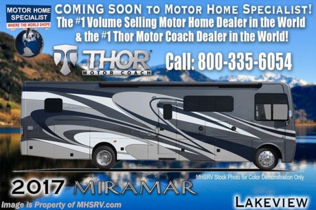 /TX 12/30/16 &lt;a href=&quot;http://www.mhsrv.com/thor-motor-coach/&quot;&gt;&lt;img src=&quot;http://www.mhsrv.com/images/sold-thor.jpg&quot; width=&quot;383&quot; height=&quot;141&quot; border=&quot;0&quot;/&gt;&lt;/a&gt;     Family Owned &amp; Operated and the #1 Volume Selling Motor Home Dealer in the World as well as the #1 Thor Motor Coach Dealer in the World.  

MSRP $180,587. The New 2017 Thor Motor Coach Miramar 37.1 Bunk Model. This class A gas motor home measures approximately 38 feet 10 inches in length and features 3 slides, bunk beds, 2 full baths, booth dinette, sofa sleeper, overhead loft and a king size bed. Options include the beautiful full body paint exterior, dual pane windows, electric fireplace and a 12V attic fan. The 2017 Thor Motor Coach Miramar also features one of the most impressive lists of standard equipment in the RV industry including a Ford Triton V-10 engine, Ford 22 Series chassis, high polished aluminum wheels, automatic leveling system with touch pad controls, power patio awning with LED lights, frameless windows, slide-out room awning toppers, heated/remote exterior mirrors with integrated side view cameras, side hinged baggage doors, headlamps with LED accent lights, heated and enclosed holding tanks, residential refrigerator, Onan generator, water heater, pass-thru storage, roof ladder, one-piece windshield, LCD back-up monitor with camera, solid wood raised panel cabinet doors, 3 burner cook top with oven, OTR microwave, bedroom TV, 50 amp service, emergency start switch, system control center, hitch, electric entrance steps, power privacy shade, soft touch vinyl ceilings, glass door shower and the RAPID CAMP remote system. Rapid Camp allows you to operate your slide-out room, generator, leveling jacks when applicable, power awning, selective lighting and more all from a touchscreen remote control. For additional coach information, brochures, window sticker, videos, photos, Miramar reviews, testimonials as well as additional information about Motor Home Specialist and our manufacturers&#39; please visit us at MHSRV .com or call 800-335-6054. At Motor Home Specialist we DO NOT charge any prep or orientation fees like you will find at other dealerships. All sale prices include a 200 point inspection, interior and exterior wash &amp; detail of vehicle, a thorough coach orientation with an MHS technician, an RV Starter&#39;s kit, a night stay in our delivery park featuring landscaped and covered pads with full hook-ups and much more. Free airport shuttle available with purchase for out-of-town buyers. WHY PAY MORE?... WHY SETTLE FOR LESS? 
&lt;object width=&quot;400&quot; height=&quot;300&quot;&gt;&lt;param name=&quot;movie&quot; value=&quot;//www.youtube.com/v/wsGkgVdi1T8?version=3&amp;amp;hl=en_US&quot;&gt;&lt;/param&gt;&lt;param name=&quot;allowFullScreen&quot; value=&quot;true&quot;&gt;&lt;/param&gt;&lt;param name=&quot;allowscriptaccess&quot; value=&quot;always&quot;&gt;&lt;/param&gt;&lt;embed src=&quot;//www.youtube.com/v/wsGkgVdi1T8?version=3&amp;amp;hl=en_US&quot; type=&quot;application/x-shockwave-flash&quot; width=&quot;400&quot; height=&quot;300&quot; allowscriptaccess=&quot;always&quot; allowfullscreen=&quot;true&quot;&gt;&lt;/embed&gt;&lt;/object&gt;
